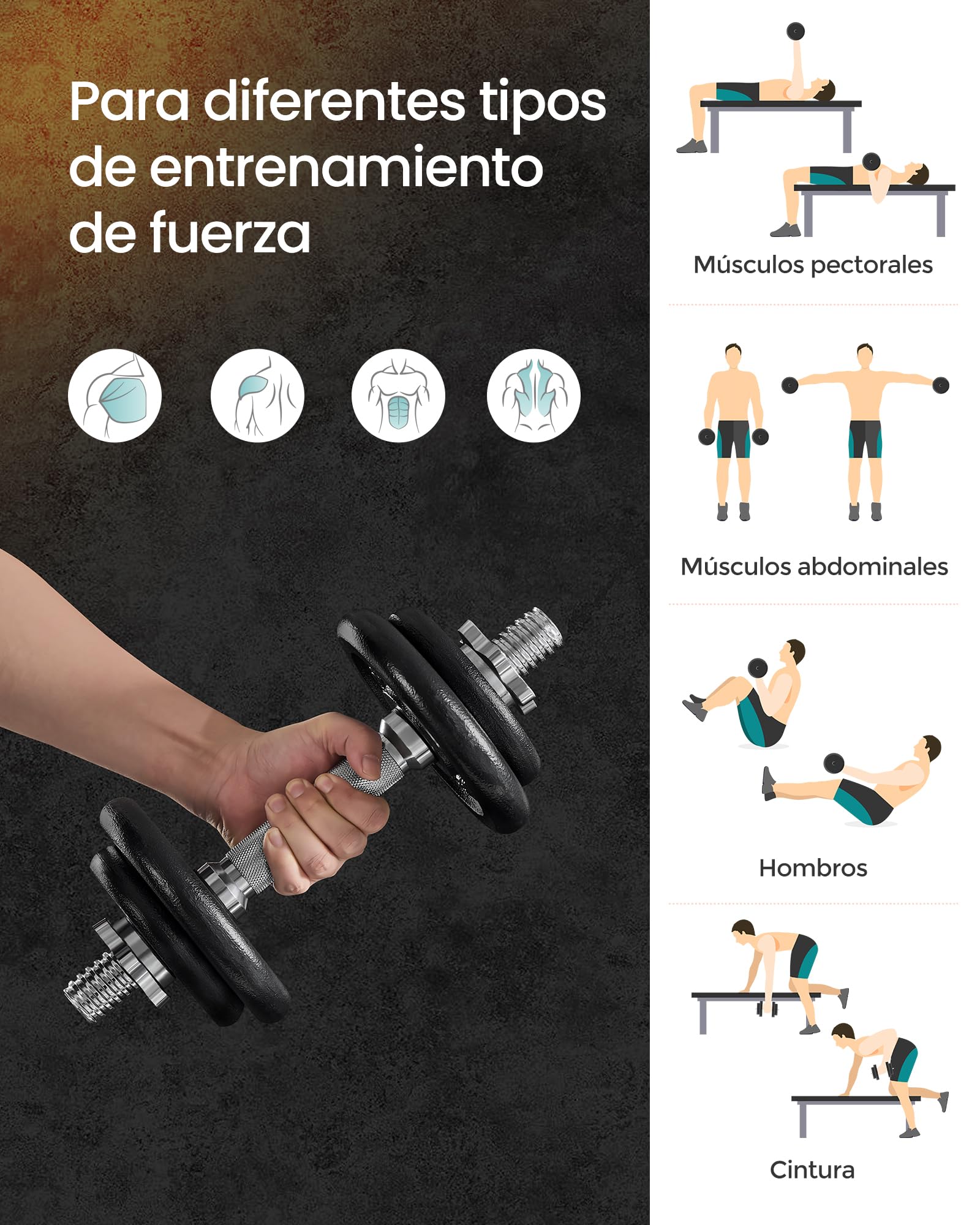 SONGMICS Juego de Mancuernas Ajustables de Hierro Fundido, con Barra Adicional,para Hombres y Mujeres, Entrenamiento de Fitness, Levantamiento de Pesas en el Gimnasio de casa