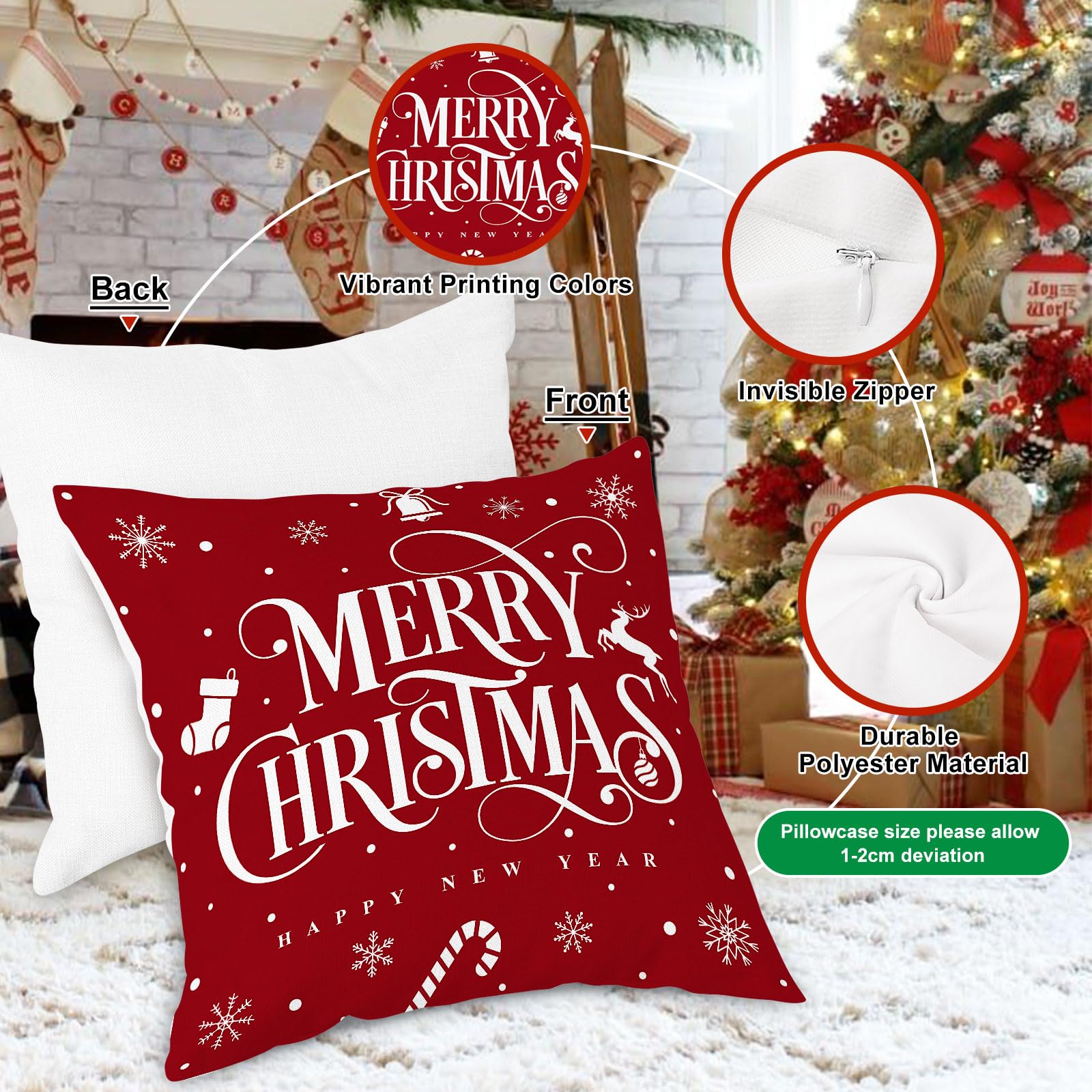 AMZQJD 4 Federe Decorative In Cotone 45x45 Cm – Rosso Natale, Con Cerniera Nascosta, Morbide, Per Cuscini Divano E Camera Da Letto