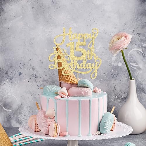 Miniatura 6 de 1 paquete de decoración para pastel de cumpleaños número 15 con purpurina dorada para cumpleaños de 15 años para celebrar cumpleaños de 15 años,