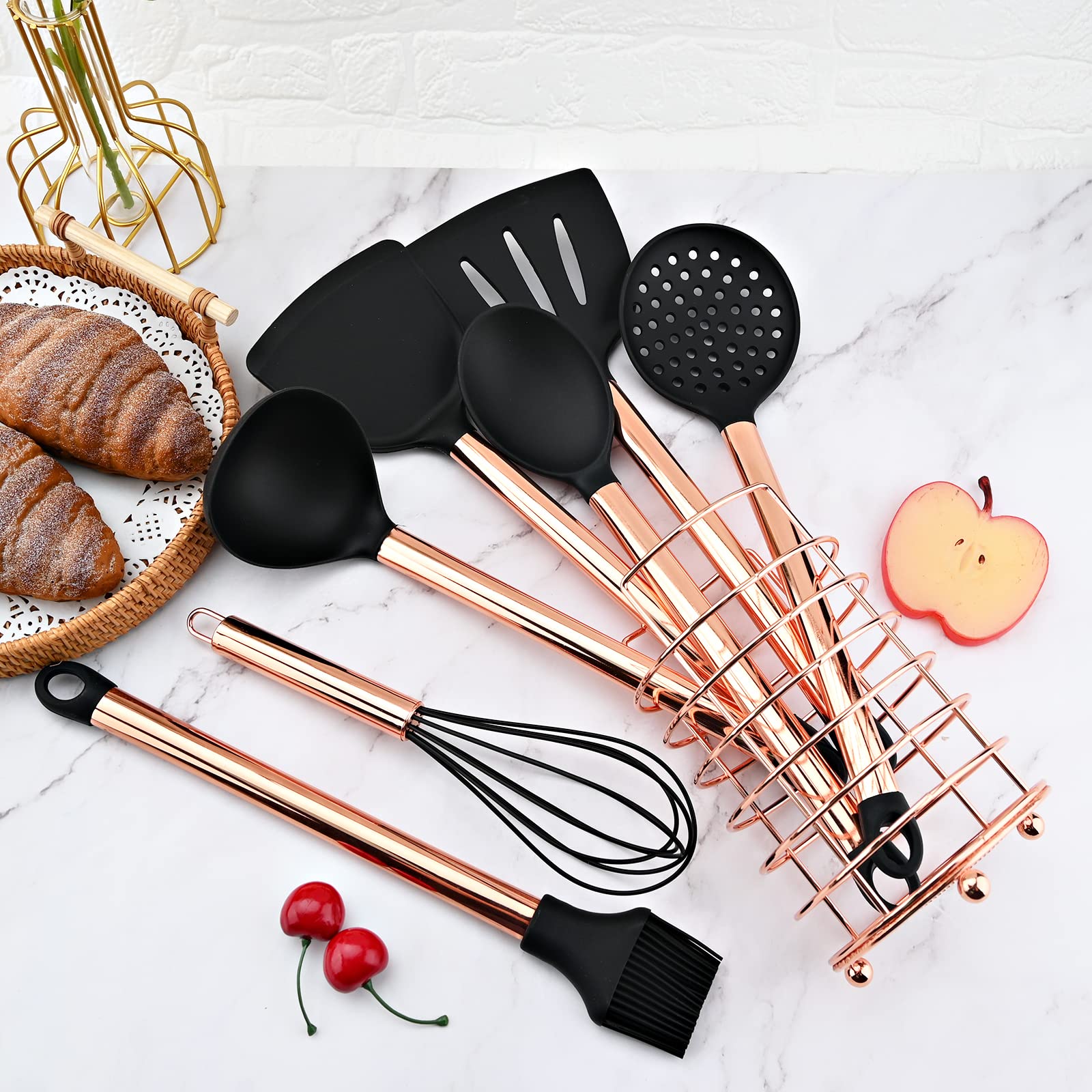 BRIIEC Non-stick Silicone Cooking Utensil Set with Holder, 16pcs Kitchen Utensils Set Heat Resistant Cookware Copper Stainless Steel Handle Cooking Tools Turner Tongs Spatula Spoon - Black&Rose Gold