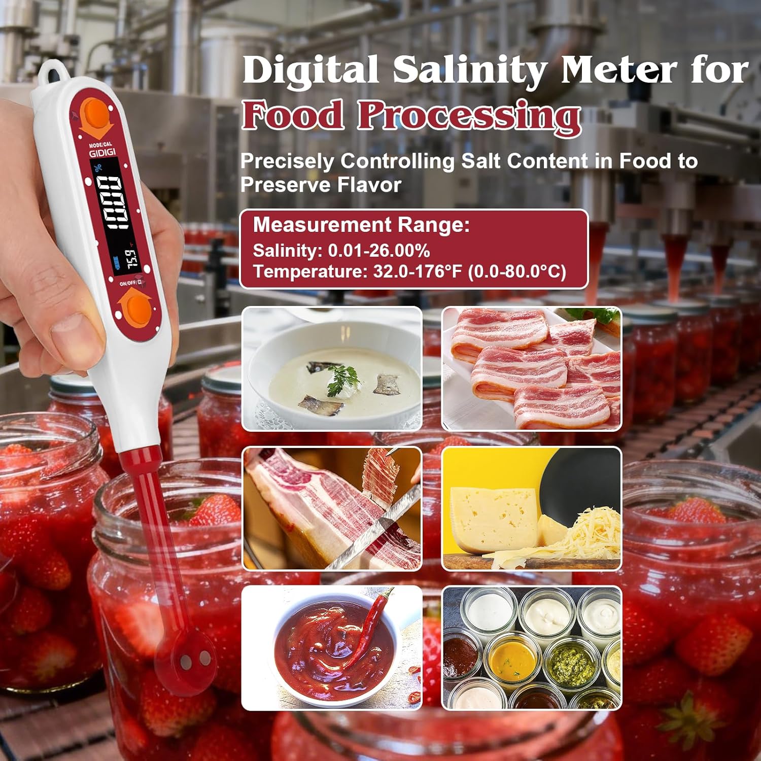 Salinity Meter Food Digital Salt Tester Portable Salinometer Reader Measure Salt in Fermenting Hot Soup Cooking Water Salty Food Liquid EC TDS Meter Hydrometer for Lab Water Test Aquaculture