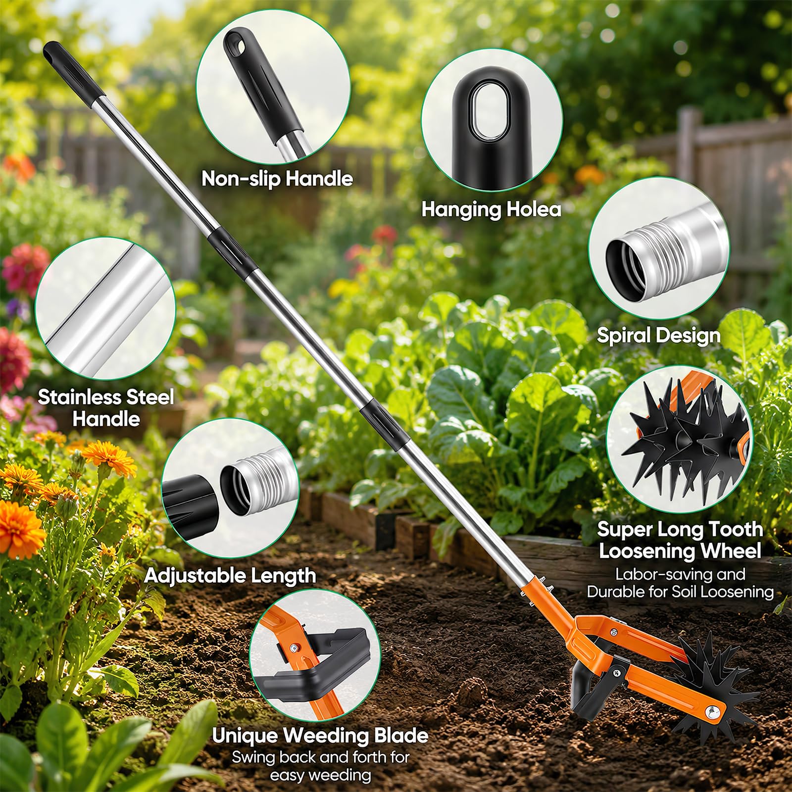 Coltivatore rotativo e zappa oscillante 2 in 1,Coltivatore a ruota stellata | 184 cm Coltivatore giardino Coltivatore giardino con denti rimovibili per smuovere il terreno ed eliminare le erbacce