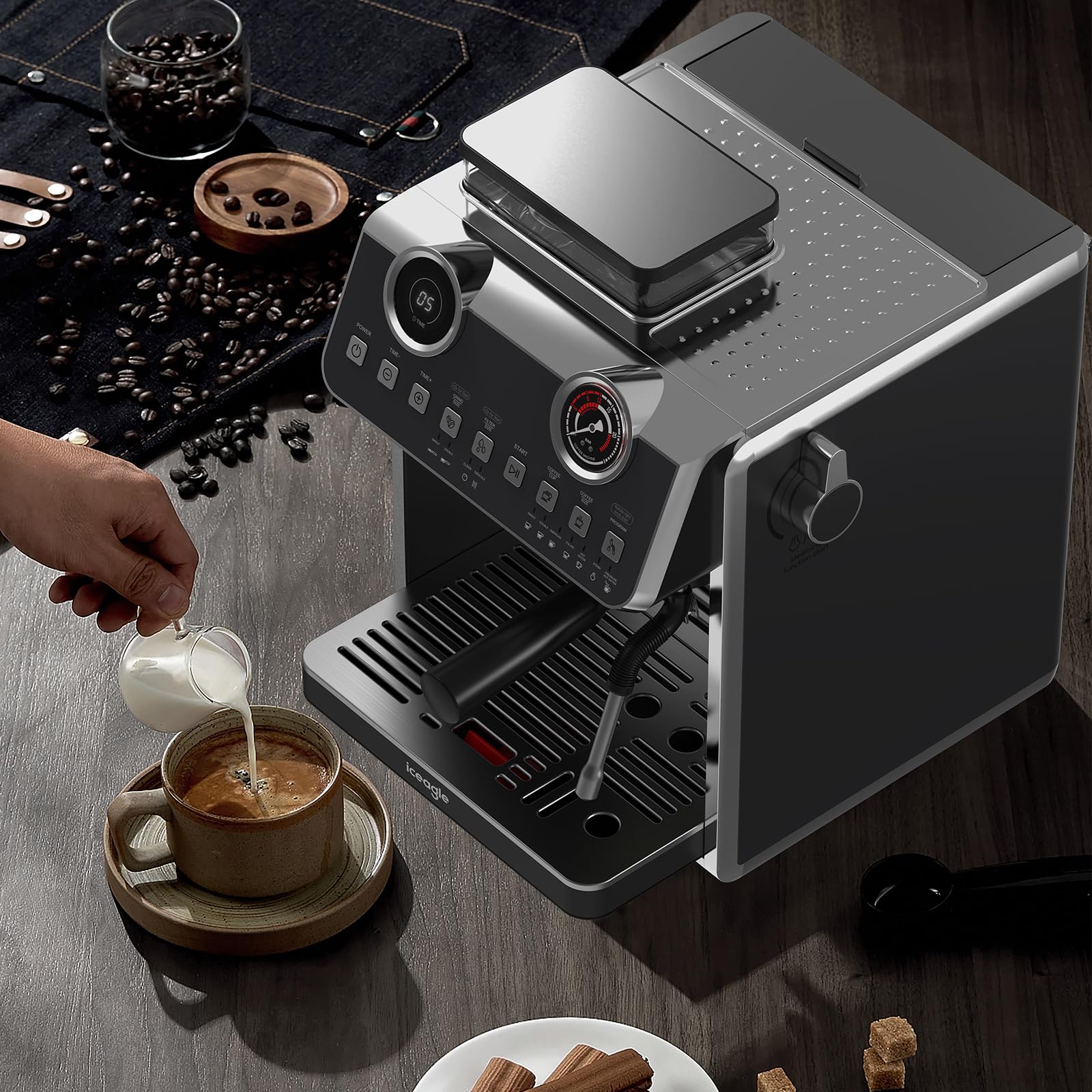 iceagle Macchina per caffè espresso EM653, 2200 W, con ugello professionale per schiumalatte, macchina da caffè con 2 sistemi di riscaldamento, pompa a pressione da 20 bar, 2,7 litri