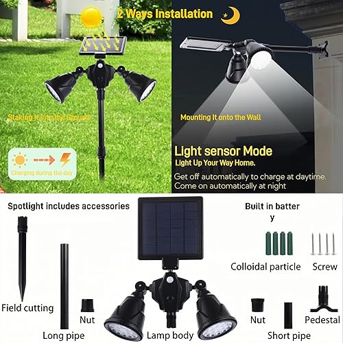 Miniatura 3 de Focos solares para exteriores, 1400 lúmenes, brillantes, 36 luces LED con sensor de movimiento, impermeables, de doble cabeza, luz de seguridad,