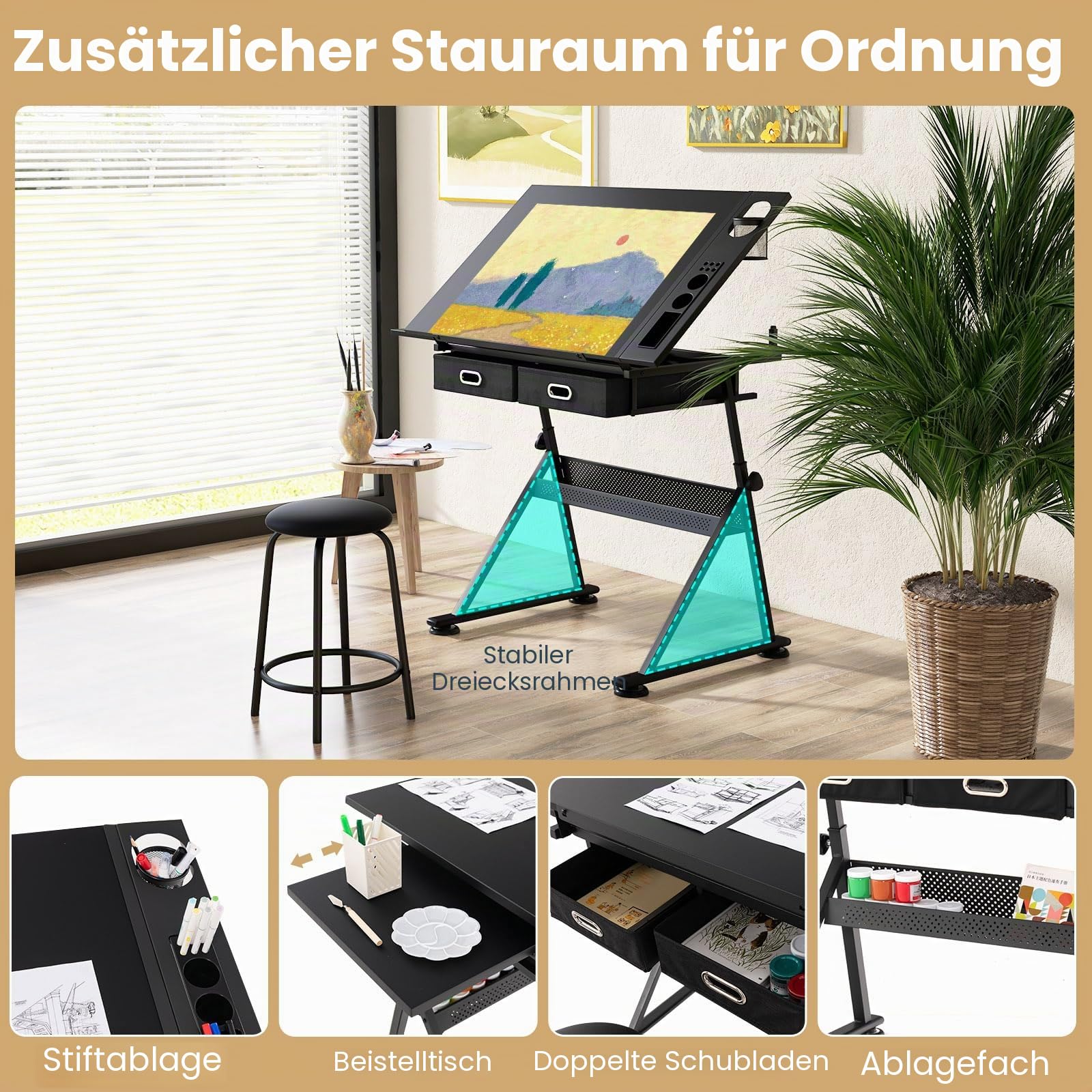 GIANTEX Zeichentisch mit Hocker, Architektentisch Schreibtisch höhenverstellbar & neigungsverstellbar, Schülerschreibtisch 2 Schubladen / 2 Arbeitsflächen, Bürotisch Arbeitstisch Architekten (Schwarz)
