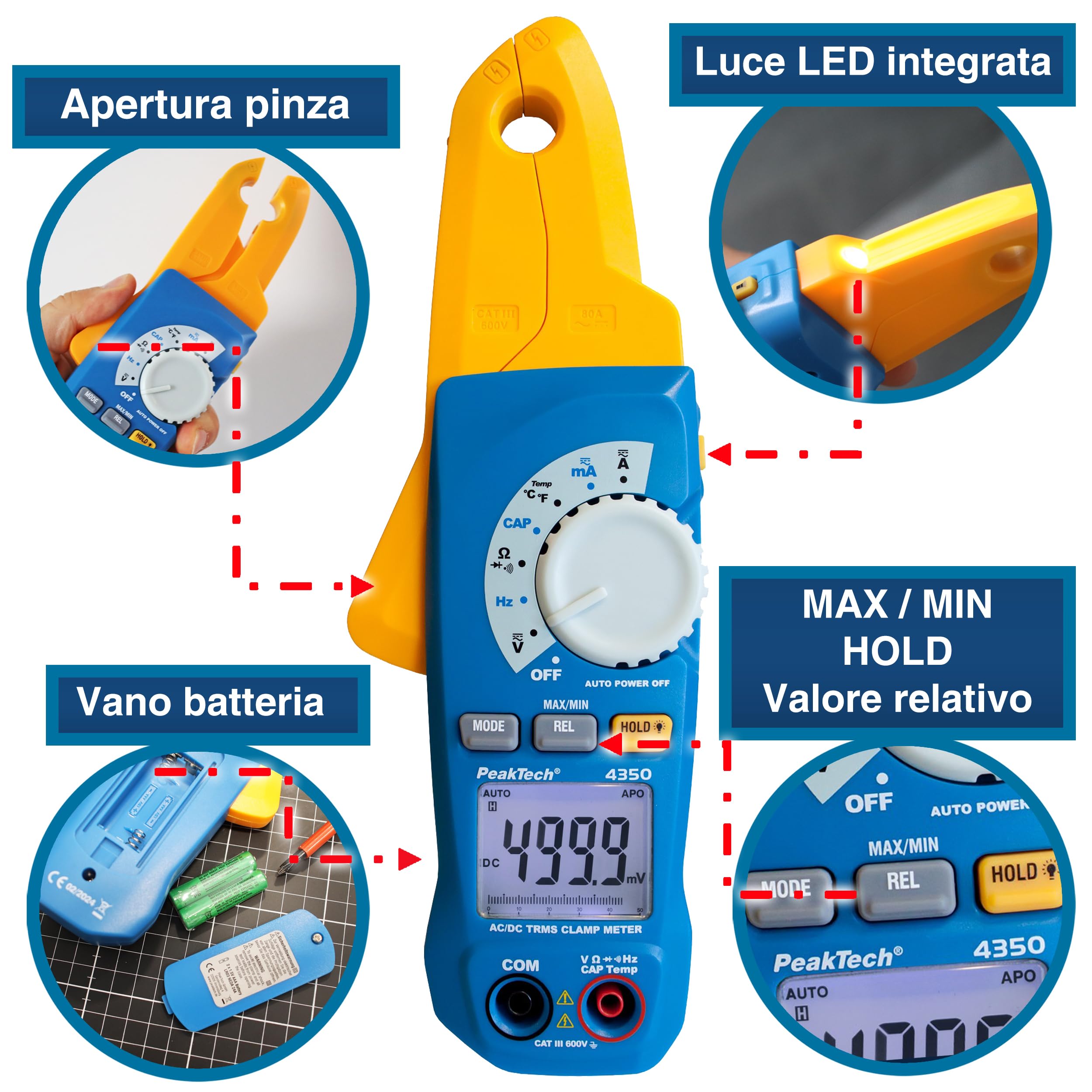 Peaktech P 4350 – Morsetto Ca/Cc 80A True Rms, Multimetro Digitale, Pinza Amperometrica, Autorange, 4000 Conteggi, Voltmetro senza Contatto, Amperometro, Tester di Continuità - Max 600 V