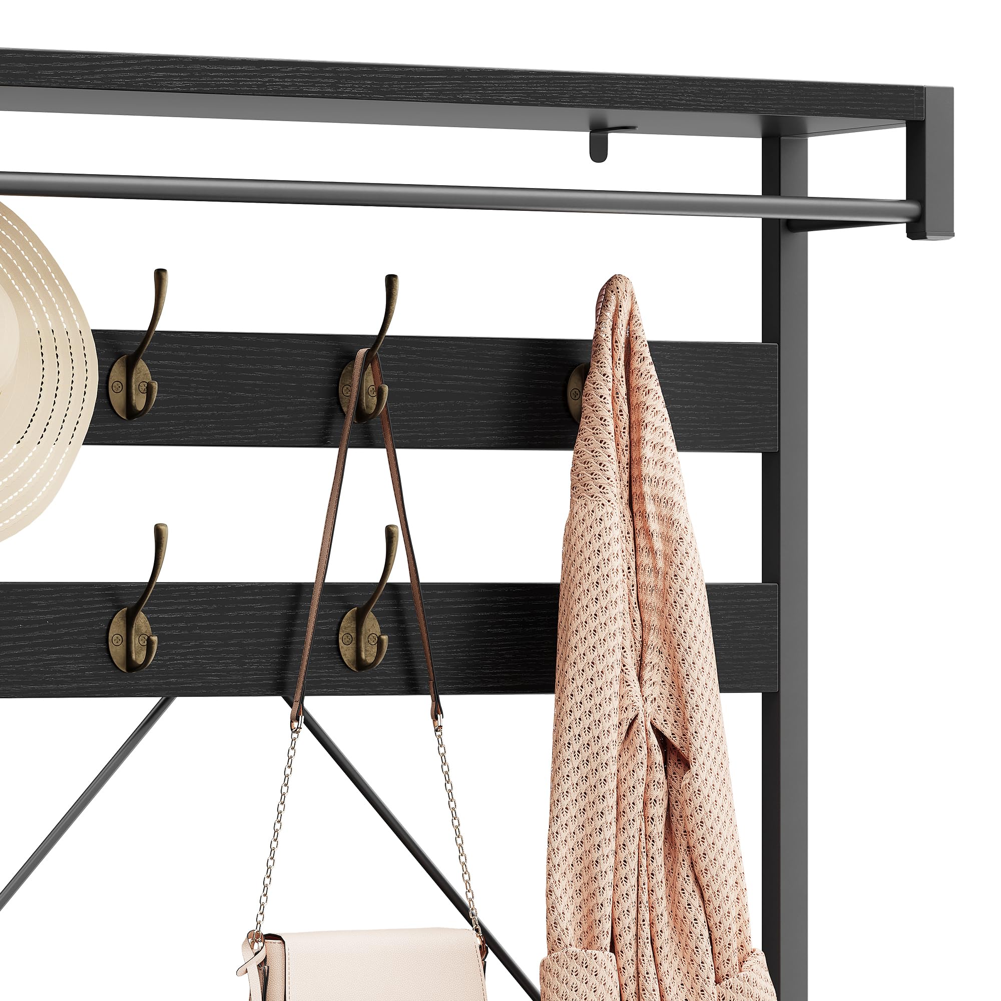Garvee Perchero Grande de Entrada y Recibidor, Perchero con Banco y Almacenamiento para Zapatos,Industrial con Barra para Colgar y 8 Ganchos, para Recibidor o Pasillo, 102×40×183 cm (Negro)