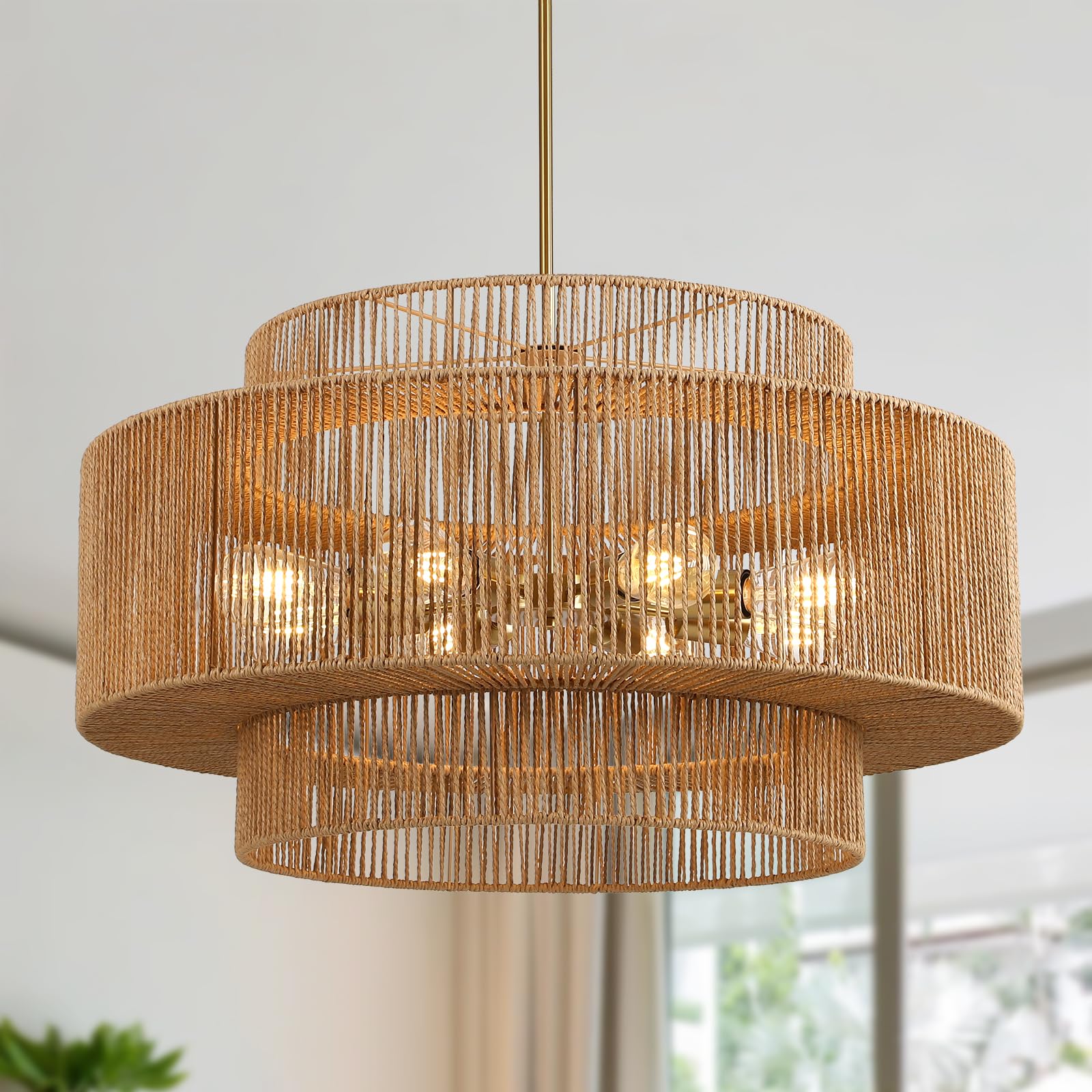 Photo 1 of 30”Large Rattan Chandelier Vintage 8-Light Farmhouse Hand-Woven Boho Bamboo Chandelier Light Fixture Retro 3-Tier Drum Wicker Gold Chandeliers for Dining Room, Kitchen Island, Living Room, Bedroom