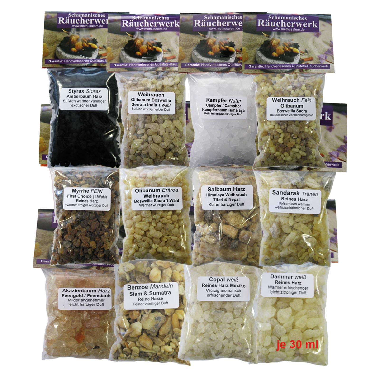 12x Reine HARZE zum räuchern 16-TLG RÄUCHERSORTIMENT mit WEIHRAUCH MYRRHE KOPAL Styrax ... Für Räucherkohle & Sieb. 4 x ZUBEHÖR. 81900-2