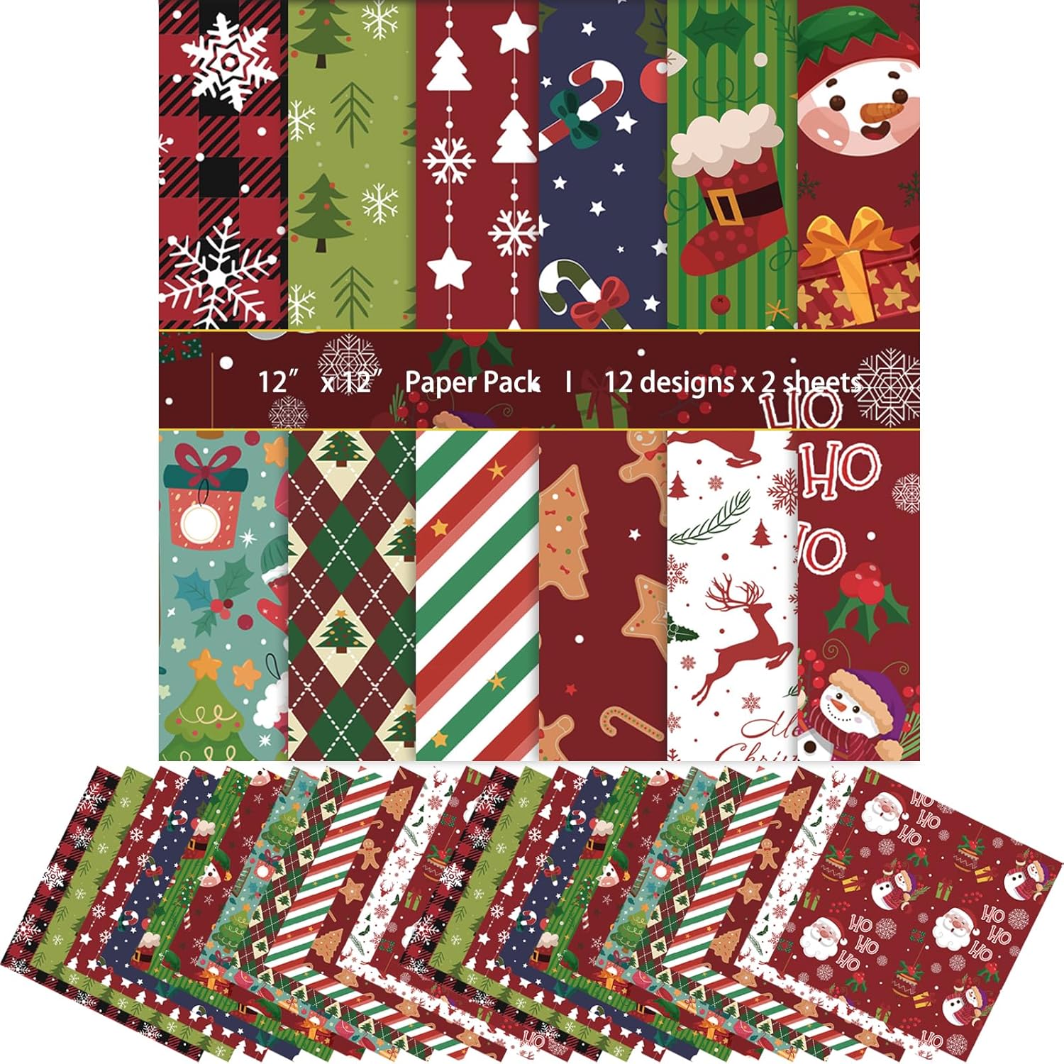 24Sheet Chirstmas Scrapbook Paper Set 12x12 inches Decorative Cardstock