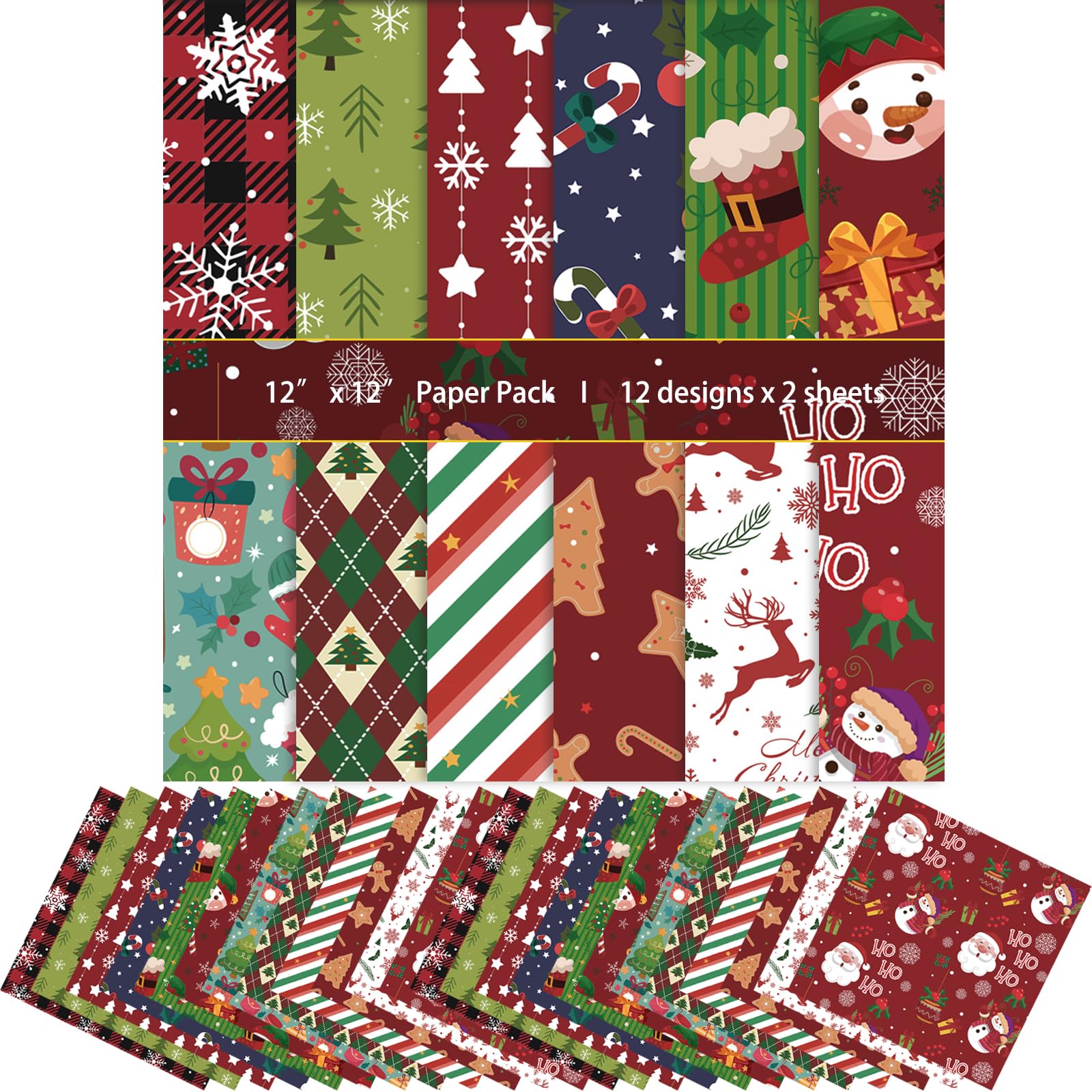 24Sheet Chirstmas Scrapbook Paper Set 12x12 inches Decorative Cardstock Paper for Card Making Craft Scrapbooking Junk Journal Gift Decoration Supplies (B-Christmas)