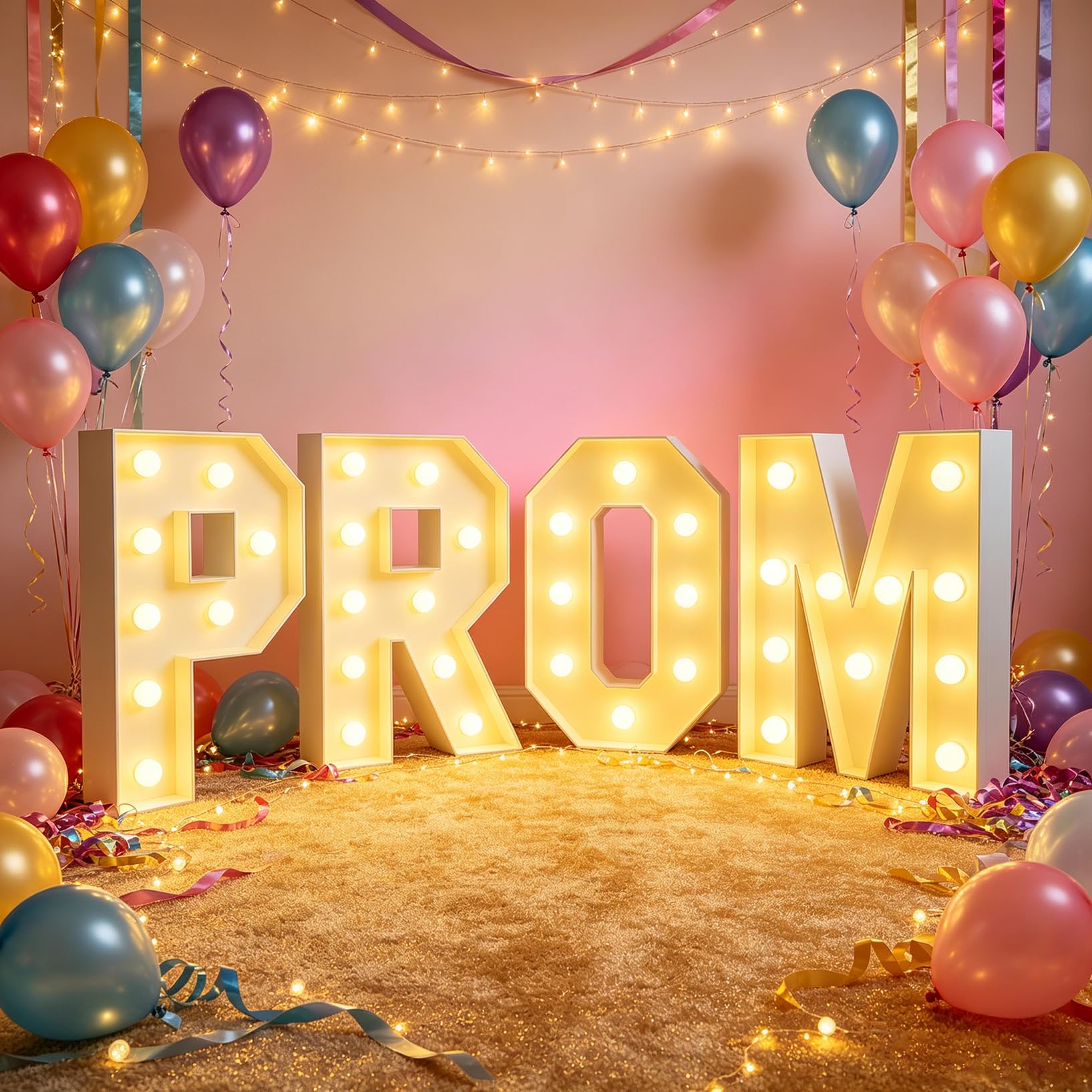 PROM Foam Board Marquee LED Light Up Mosaic Balloon Frame Letters 2.3FT, Birthday Party Backdrop Sign for Anniversary Graduation Decor, 70cm-2.3ft