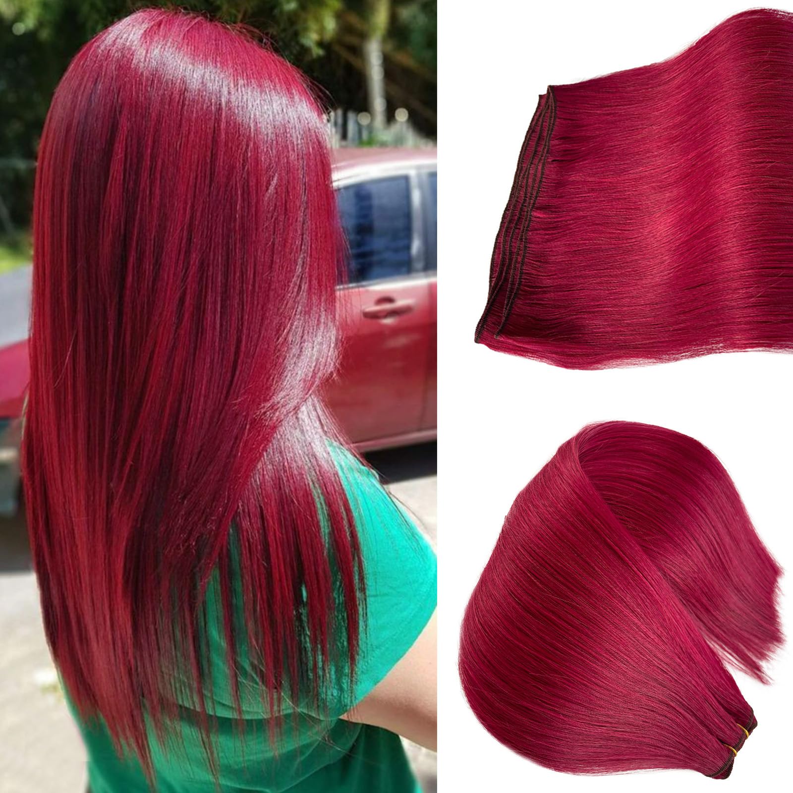 Weft Hair Extensions Real Human Hair Burgundy Red Human Hair Bundle Soft Straight 16 Inch 100G Burgundy Hair Wefts Sew in Hair Extensions for Women