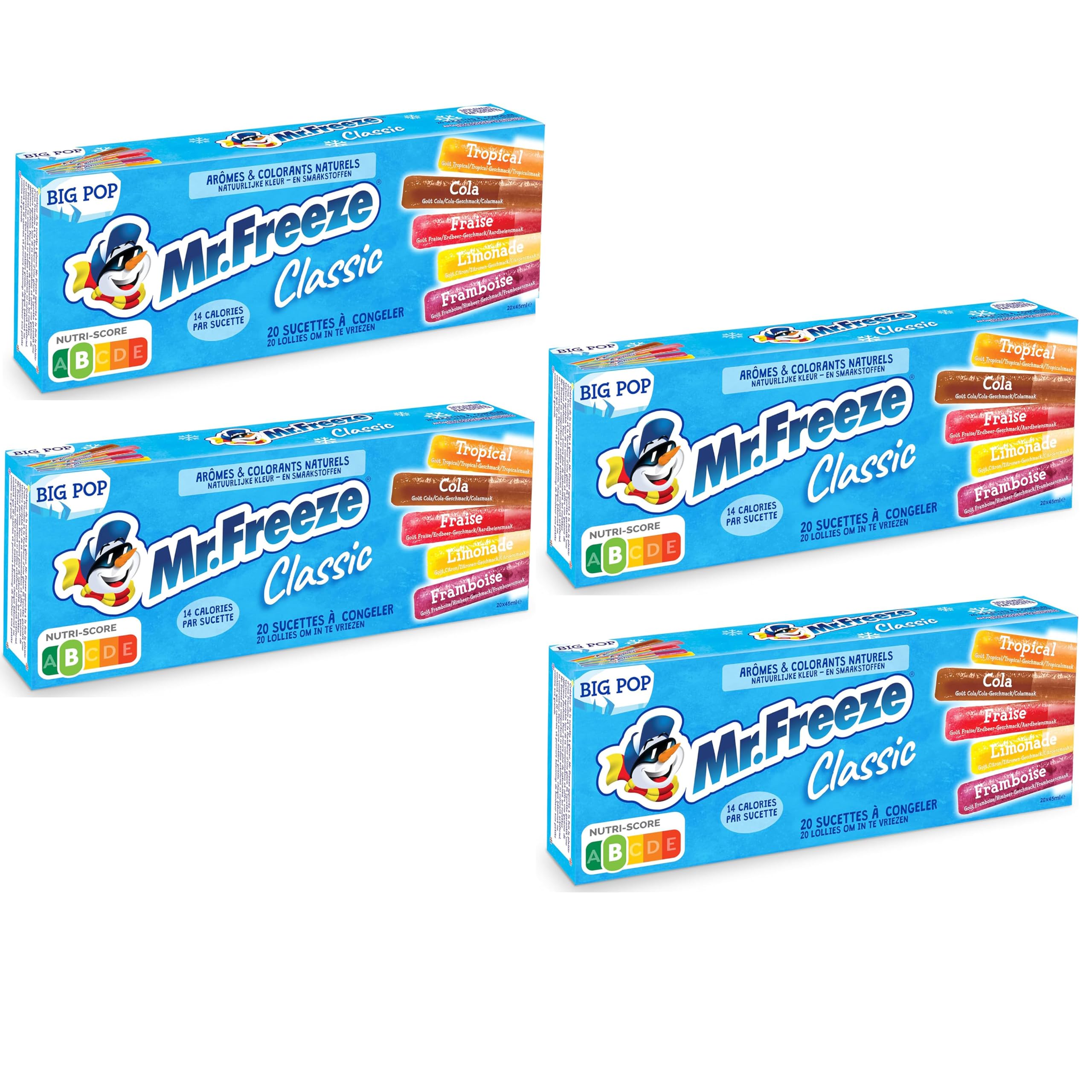 Mr Freeze Classic Sucettes à Glacer 45ml – Lot de 4 boîtes de 20 – Fraise, Framboise, Cola, Limonade, Tropical