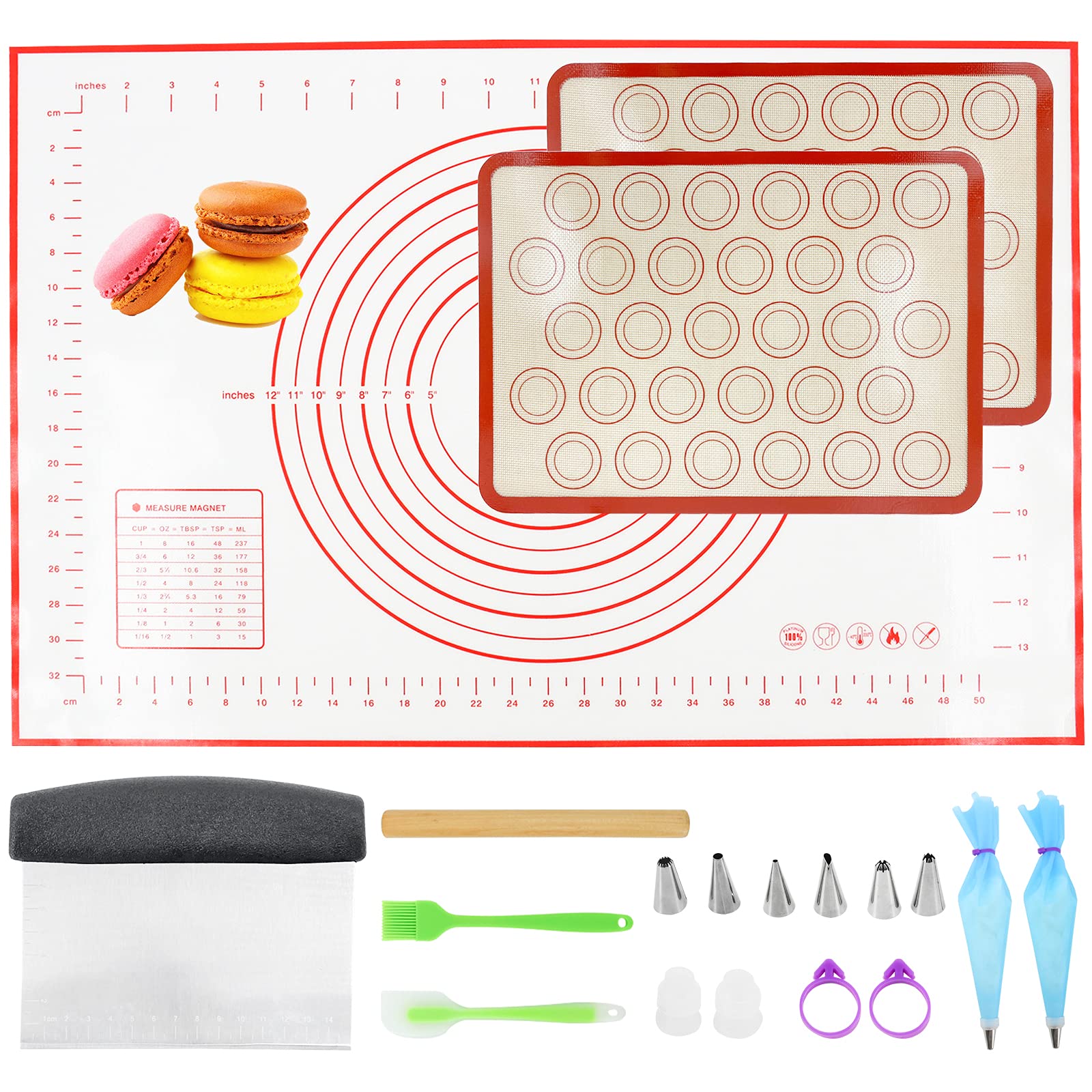 HOMOKUS Silicone Macaron Baking Mat Kit 19 PCS Nonstick Pastry Mat Baking Sheet Mats Dough Cutter Rolling Pin Brush Spatula Reusable Pipping Bags Coupler Piping Tips Set for Beginner and Professional