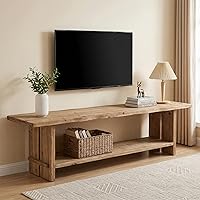 71" Solid Wood Farmhouse TV Stand for 55-85" TVs | Natural Wood Media Console with 2-Tier Storage for Living Room & Bedroom