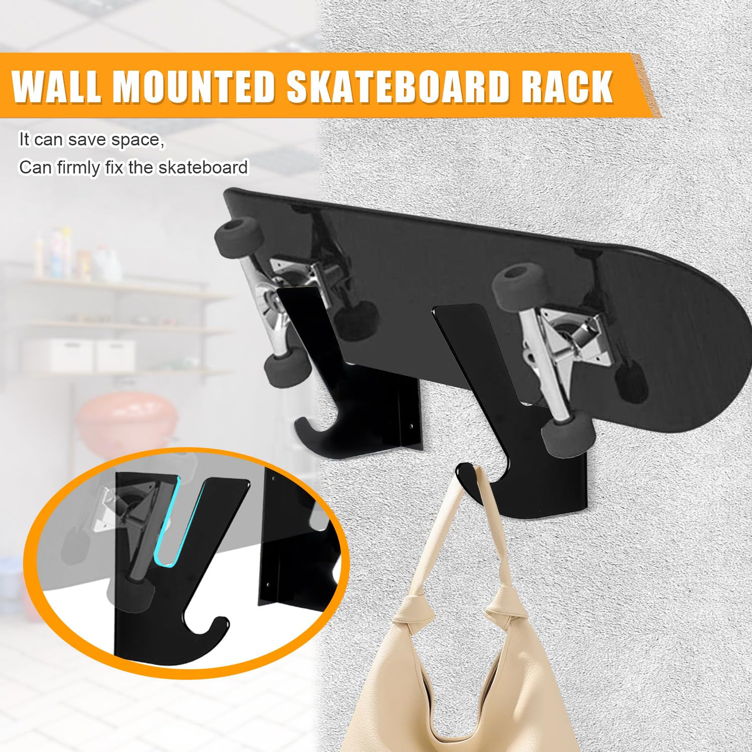 Soporte Pared Skateboard Acrílico 2 Piezas Negro para Monopatín Longboard Snowboard