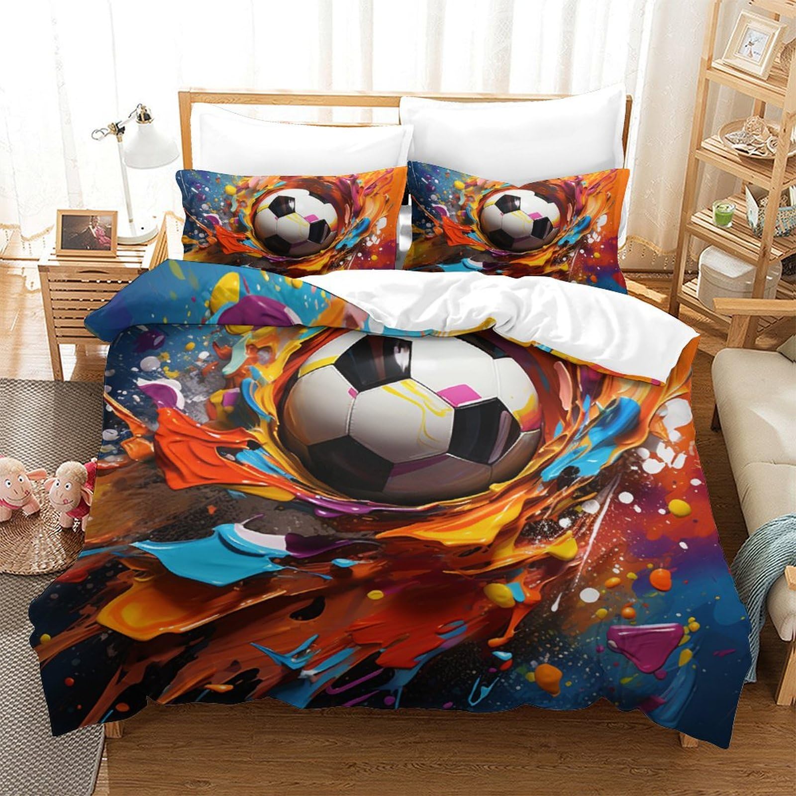 Housse de couette football 3D respirante 220x240cm avec 2 taies d'oreiller pour lit King