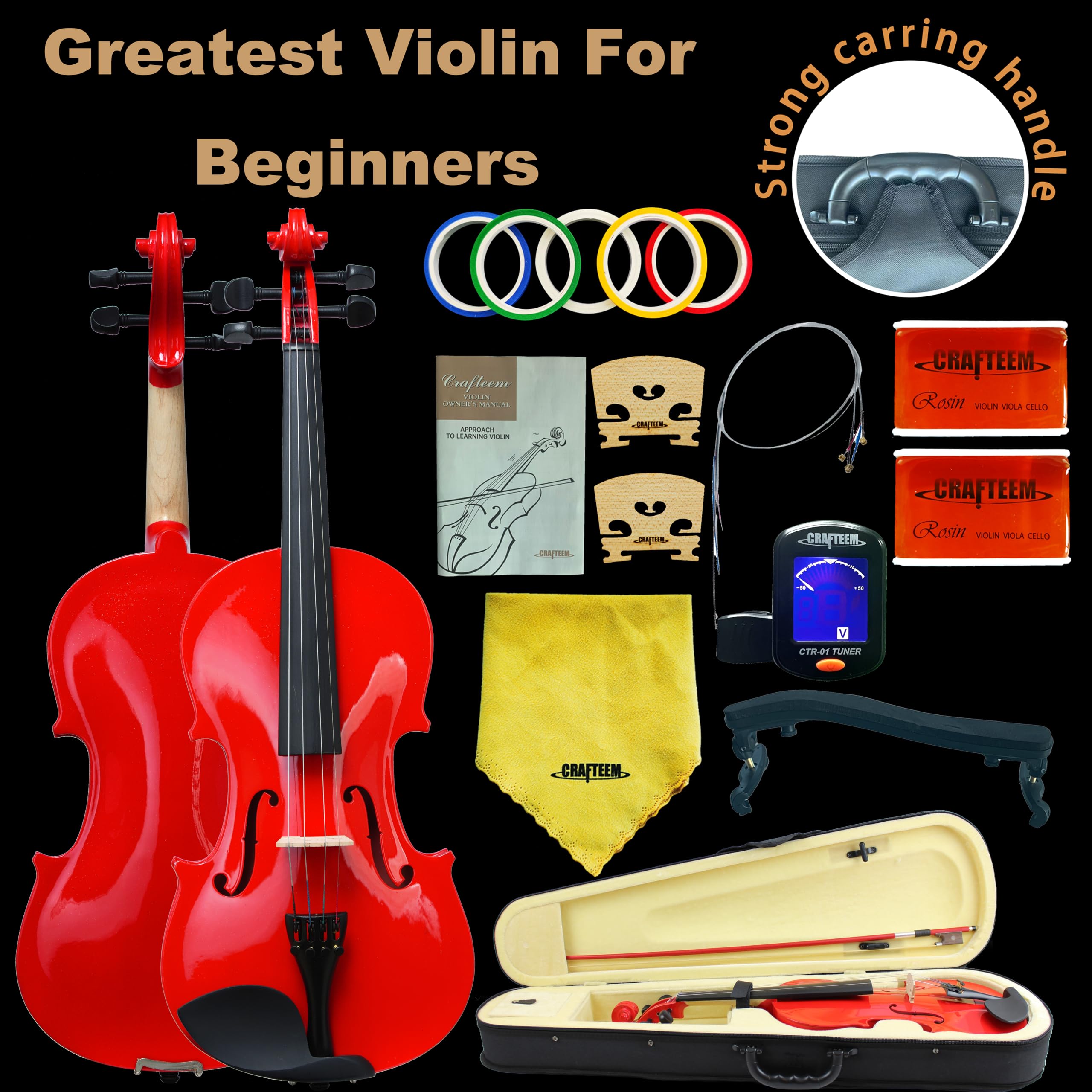 Crafteem 1/2 Geige, rot, Premium-Violinen-Outfit für Anfänger, Erwachsene, Kinder, mit 5 farbigen Griffband, handgefertigt, für Studenten, Anfänger, Violine.