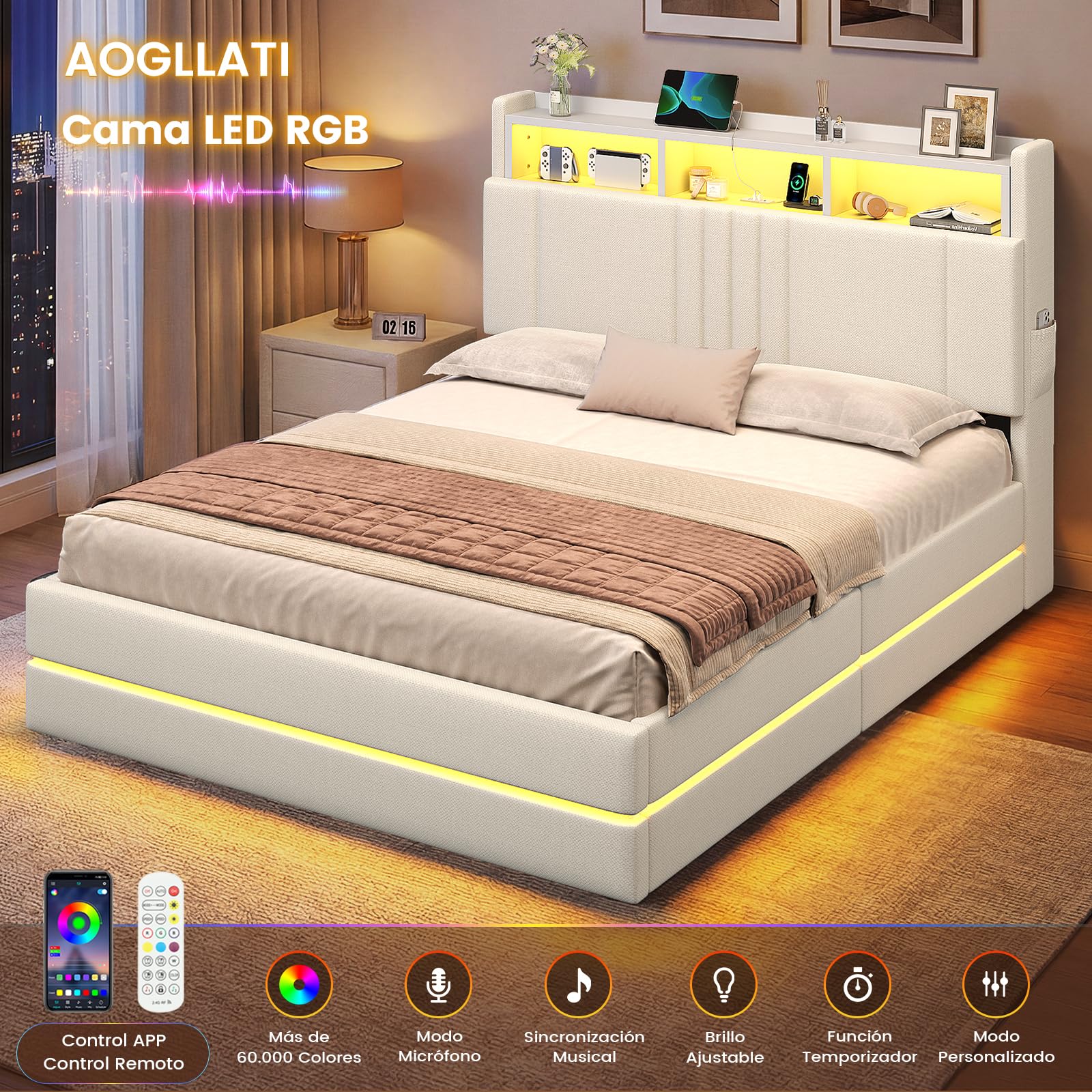 AOGLLATI Cama Matrimonial 140x190 cm con Almacenamiento Hidráulico, Lino | Marco de Cama con 270° Luces LED, Somier Estructura de Cama con Estación de Carga Cama Canape con Cabecero Beige