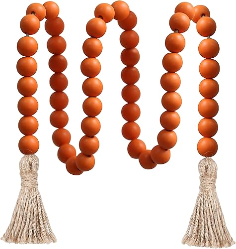 Guirnalda de cuentas de madera de 39 pulgadas con borlas, cuentas de oración versátiles, estilo bohemio y chic para colgar en la pared, decoración