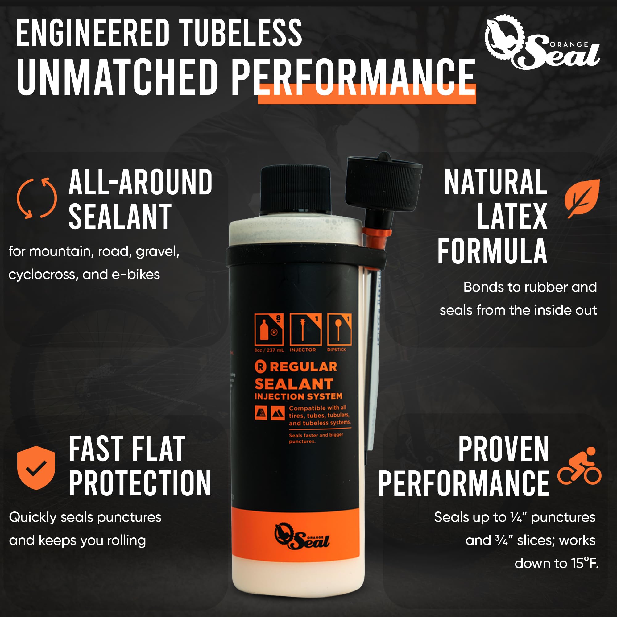 Orange Seal - Regular Formula Tubeless Bike Tire Sealant with Injector | Fast Sealing, up to 1/4" Puncture | for MTB, Road, CX and Gravel Bicycle Tires | 8oz w/Injector