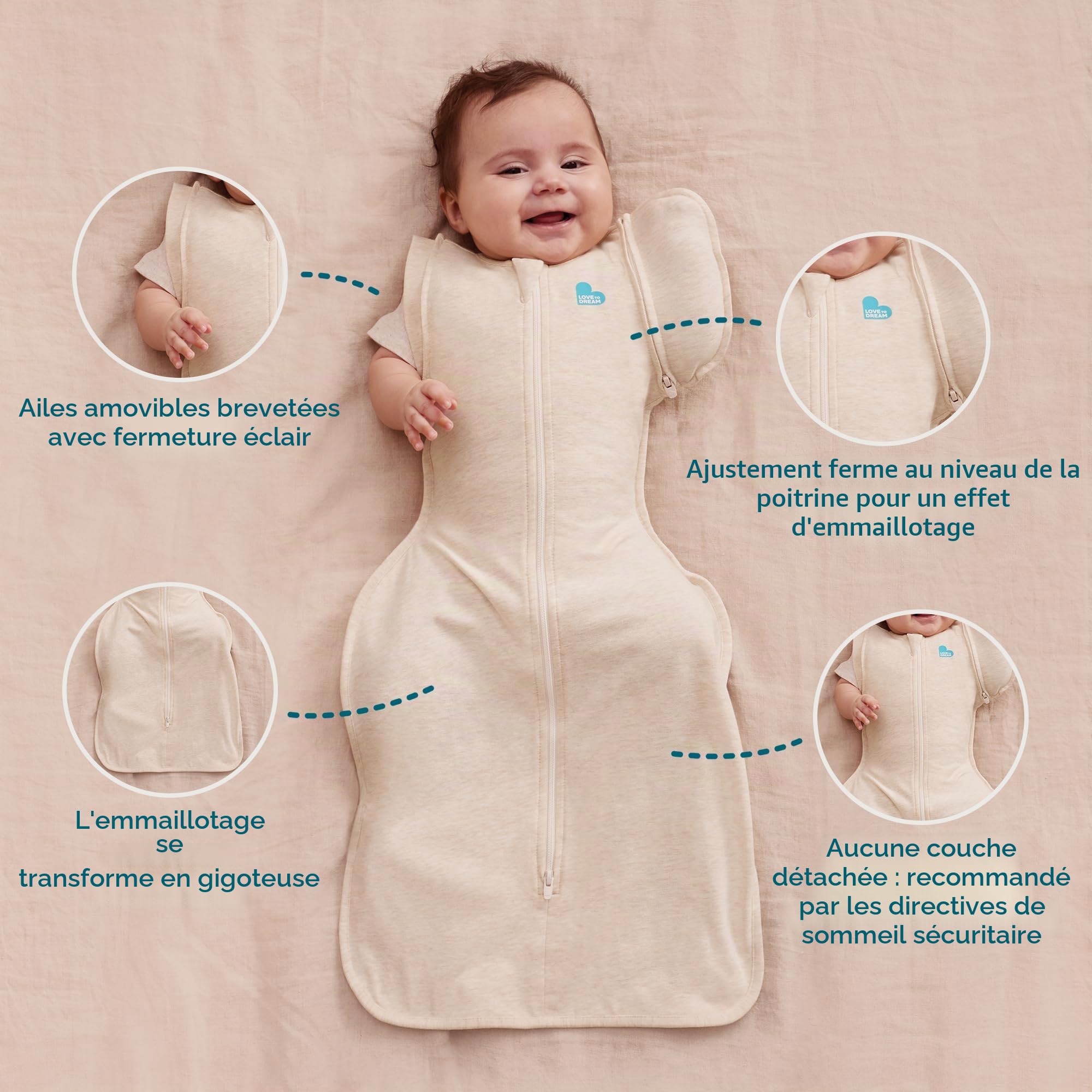 Love To Dream™ Swaddle UP™ Gigoteuse de transition, taille M (6-8,5 kg) – Avoine Twigs | Coupe ajustée, ailettes amovibles zippées | 1,0 Tog | Coton | Zip double sens
