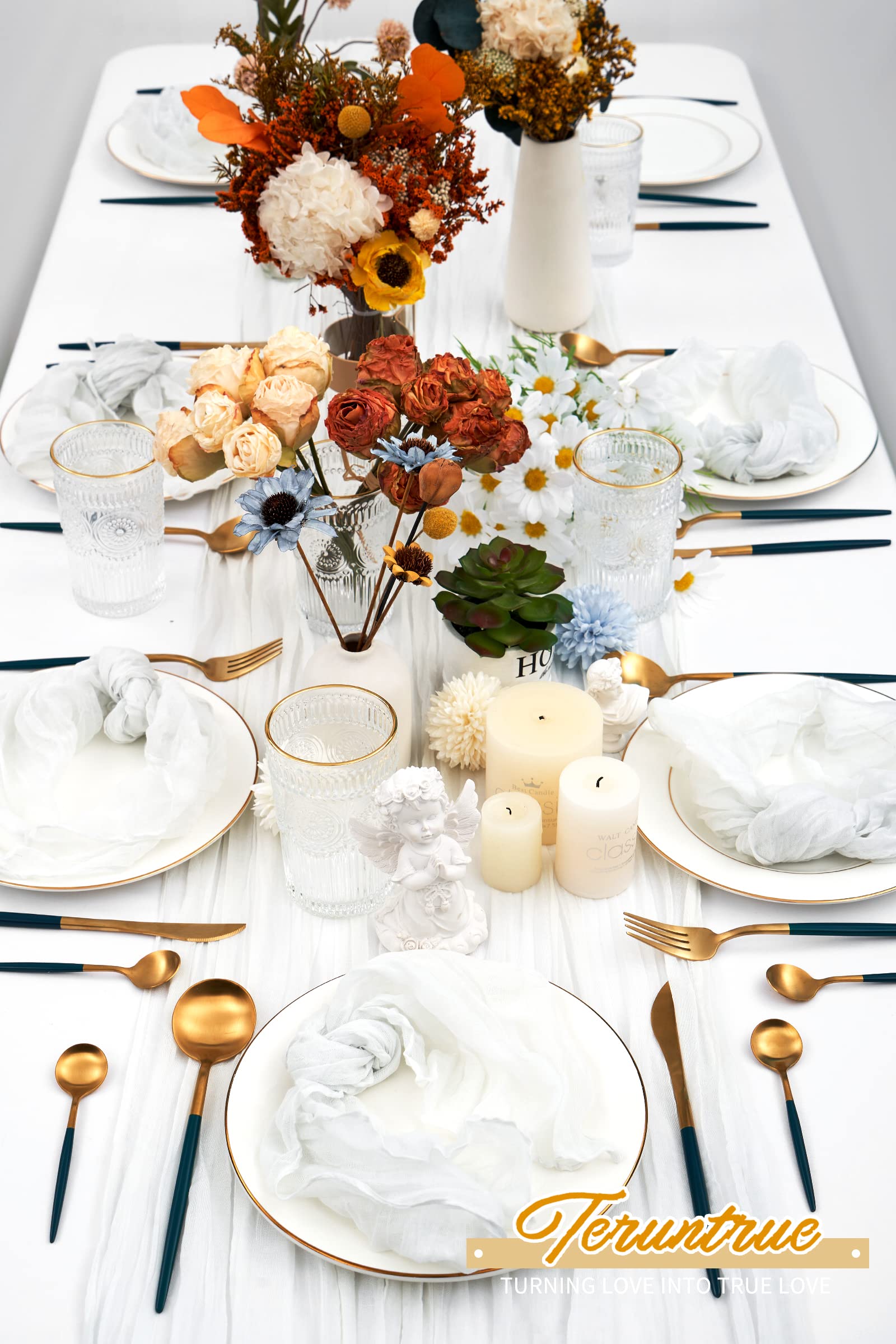 Teruntrue 42 Paquetes Servilletas de Gasa Blancas Arrugadas para Cena, 50x50 cm, Estilo Rústico Boho, Suaves, para Bodas y Fiestas