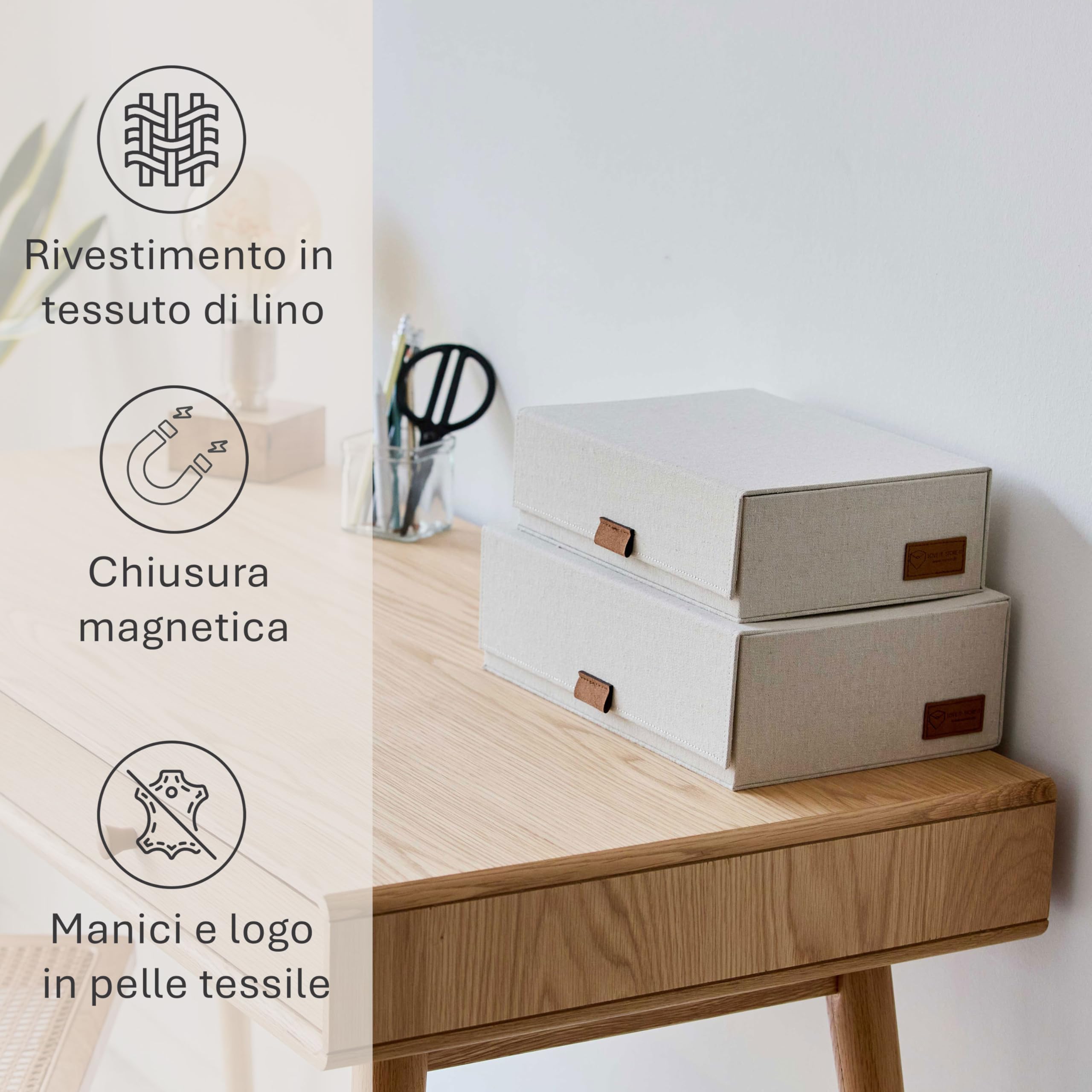 LOVE IT STORE - Premium - Set di 2 scatole in tessuto di lino, chiusura magnetica, impilabili, per documenti, ufficio e accessori, 28x20x8,5 cm & 32x22x10,5 cm