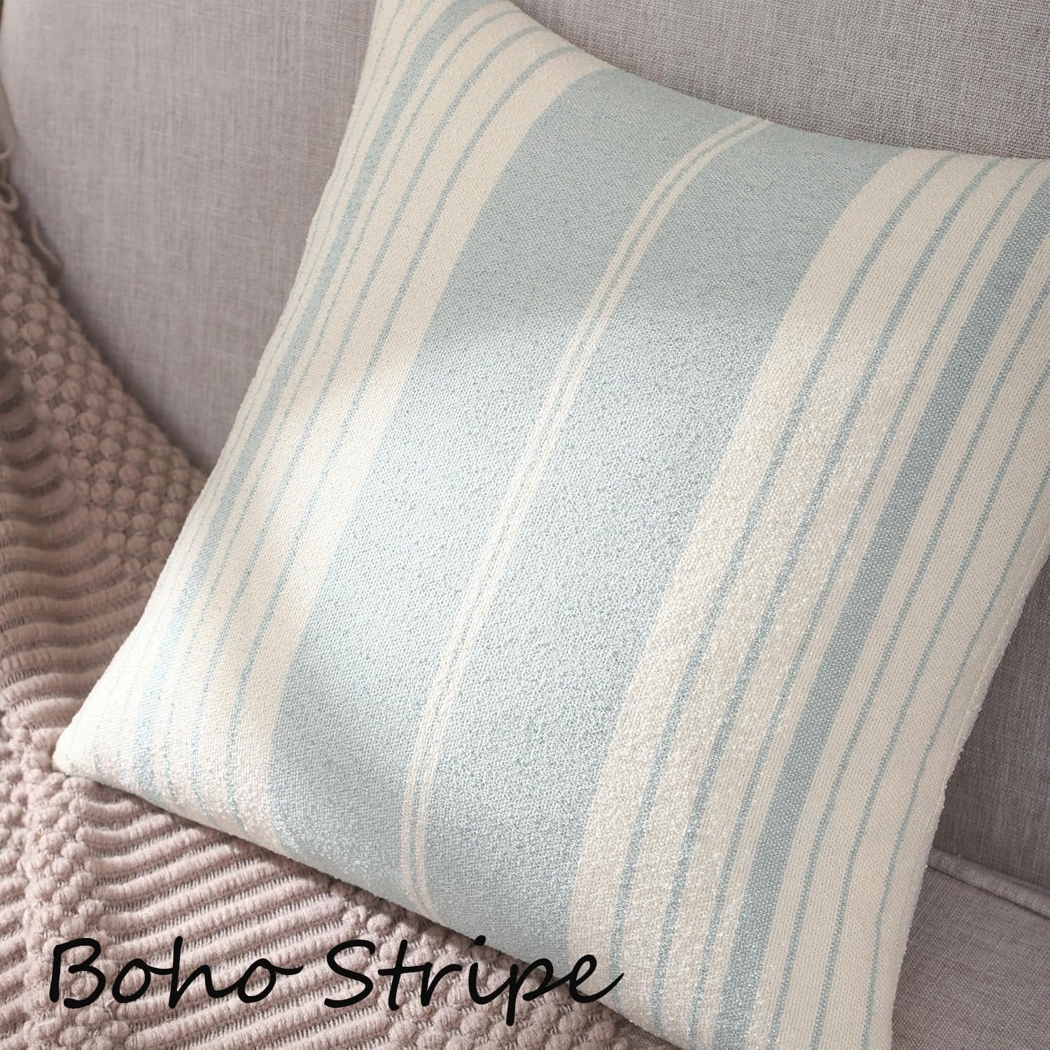 Tosleo Fundas de almohada a rayas azules de 18 x 18 pulgadas, paquete de 2 fundas de almohada bohemias para sofá, fundas de almohada decorativas costeras tejidas con textura neutra a rayas decorativas