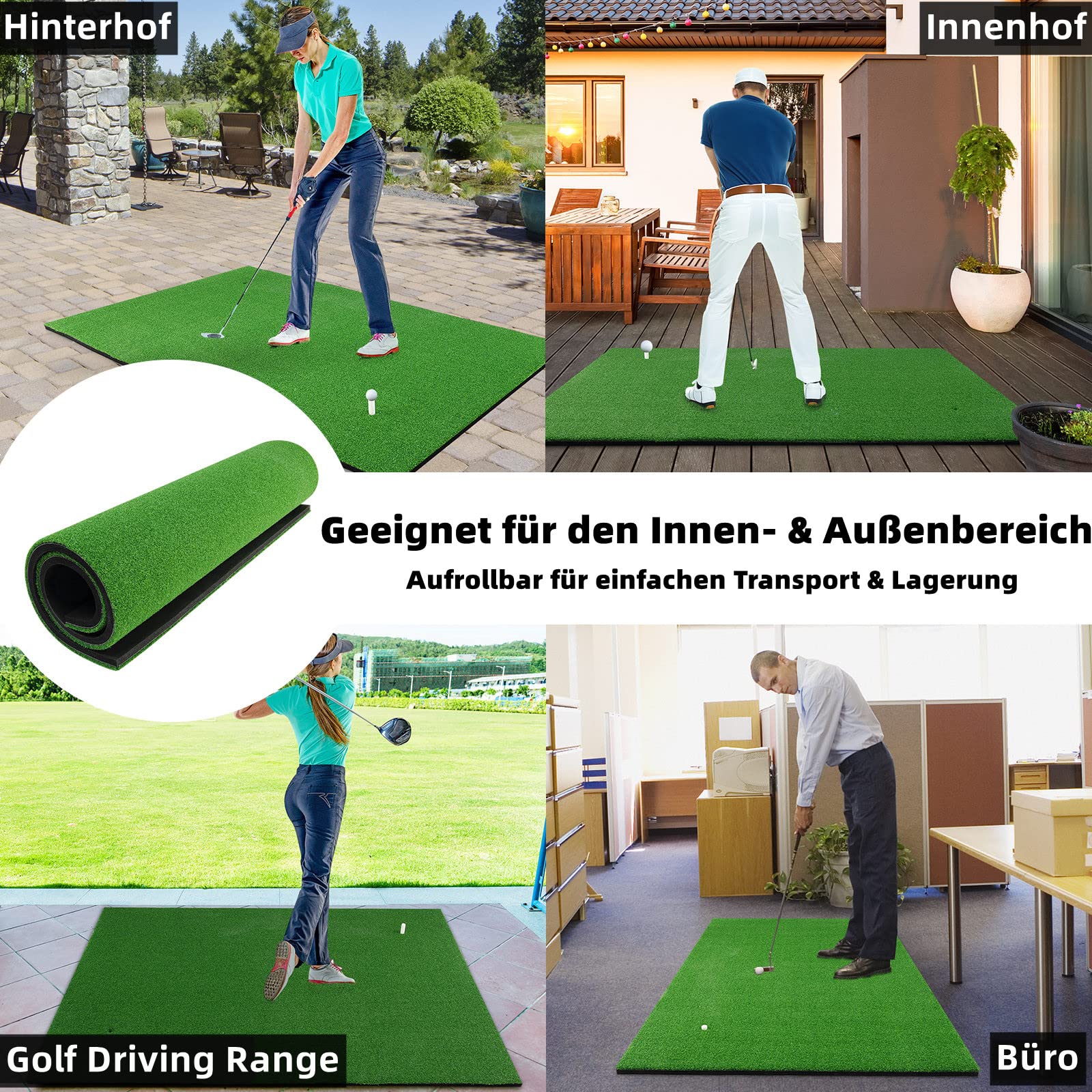 GYMAX Golf Abschlagmatte, 150 x 100 x 2,7 cm, Faltbare Golf Übungsmatte mit 2 Abschlagpositionen & 3 Gummi-Tees, Golf-Schlagmatte für Schwung & Schlatraining, Golfmatte für Indoor & Outdoor