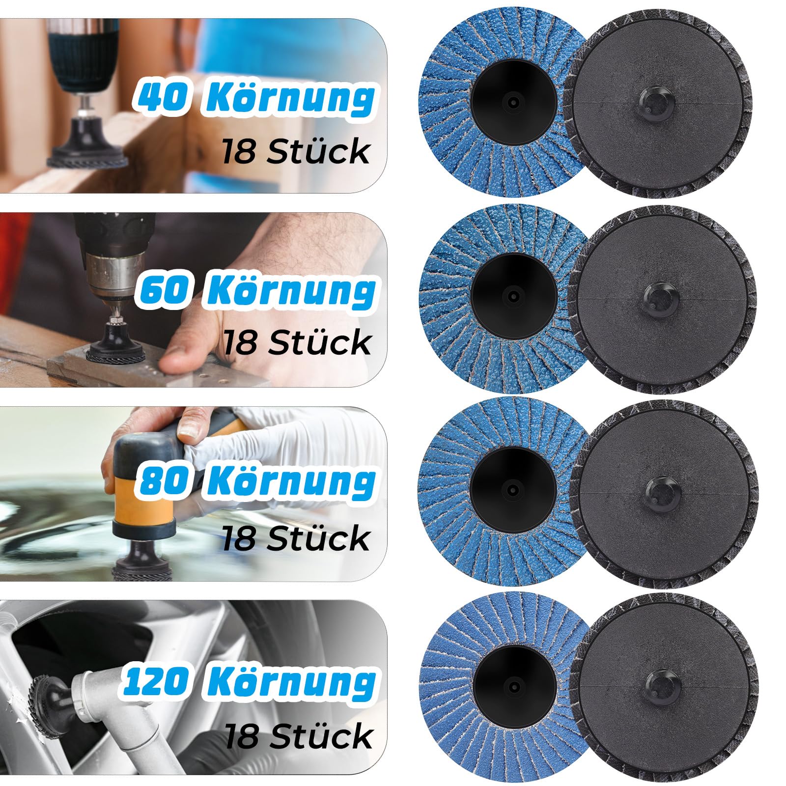 Fächerscheiben 50mm, 75 Stück 2 Zoll Schleifscheiben Körnung 40/60/80/120, Zirkonkorund Blau Schleifmopteller für Winkelschleifer Metall Stahl Holz Polieren Entgraten