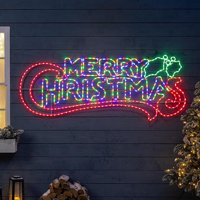 Christow Merry Christmas Light Up Sign, Energy Efficient LED Outdoor Wall Decoration, Flashing Multi Coloured Rope Light Silhouette, Mains Operated (185cm)
