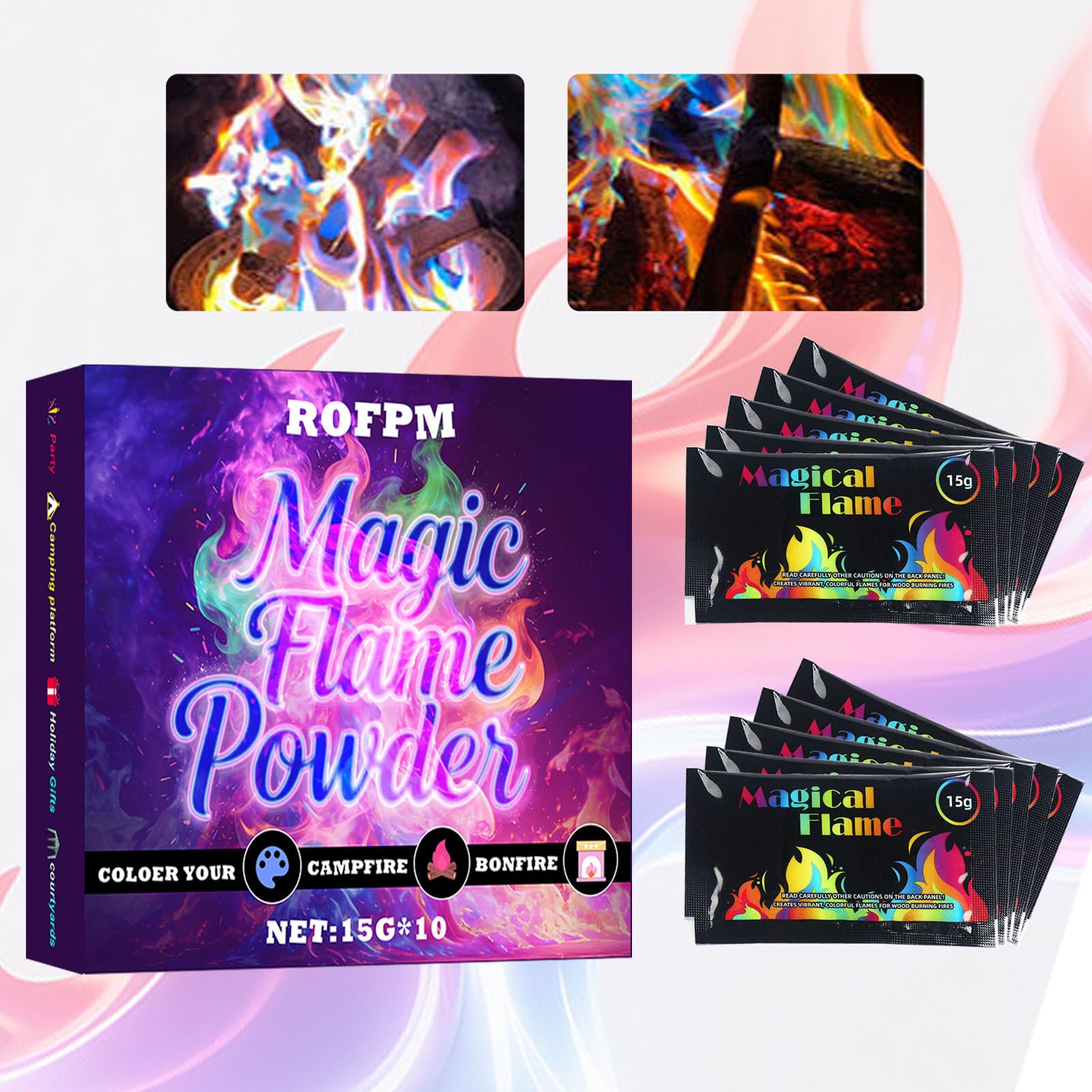 10 Stück Feuerfarben Pulver, Magisches Feuerfarben, Feuerfarbenwechselpulver, Bunte Farbwechsel Feuerfarben Set für Camping, Partys Flammenzauber in Feuerschale, Lagerfeuer, Kamin, 15g x 10