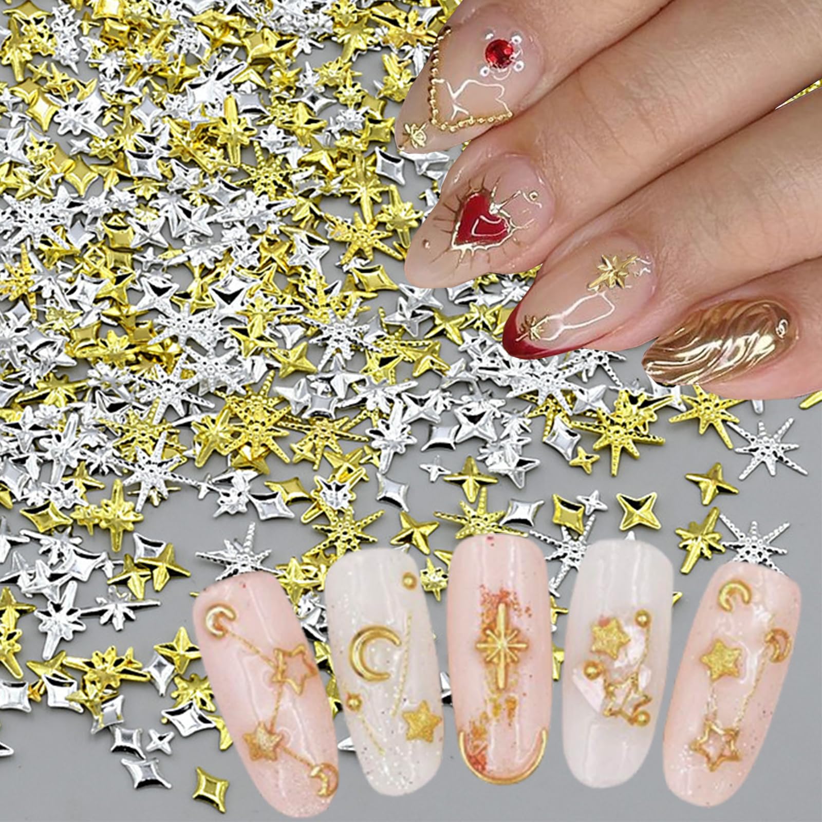 400Pcs Star Nail Art Charms Gold Silver Nail Charms and Gems 3D Metallic Star Nail Studs Rhinestones Alloy Charms for Nails Designs Jewelry DIY