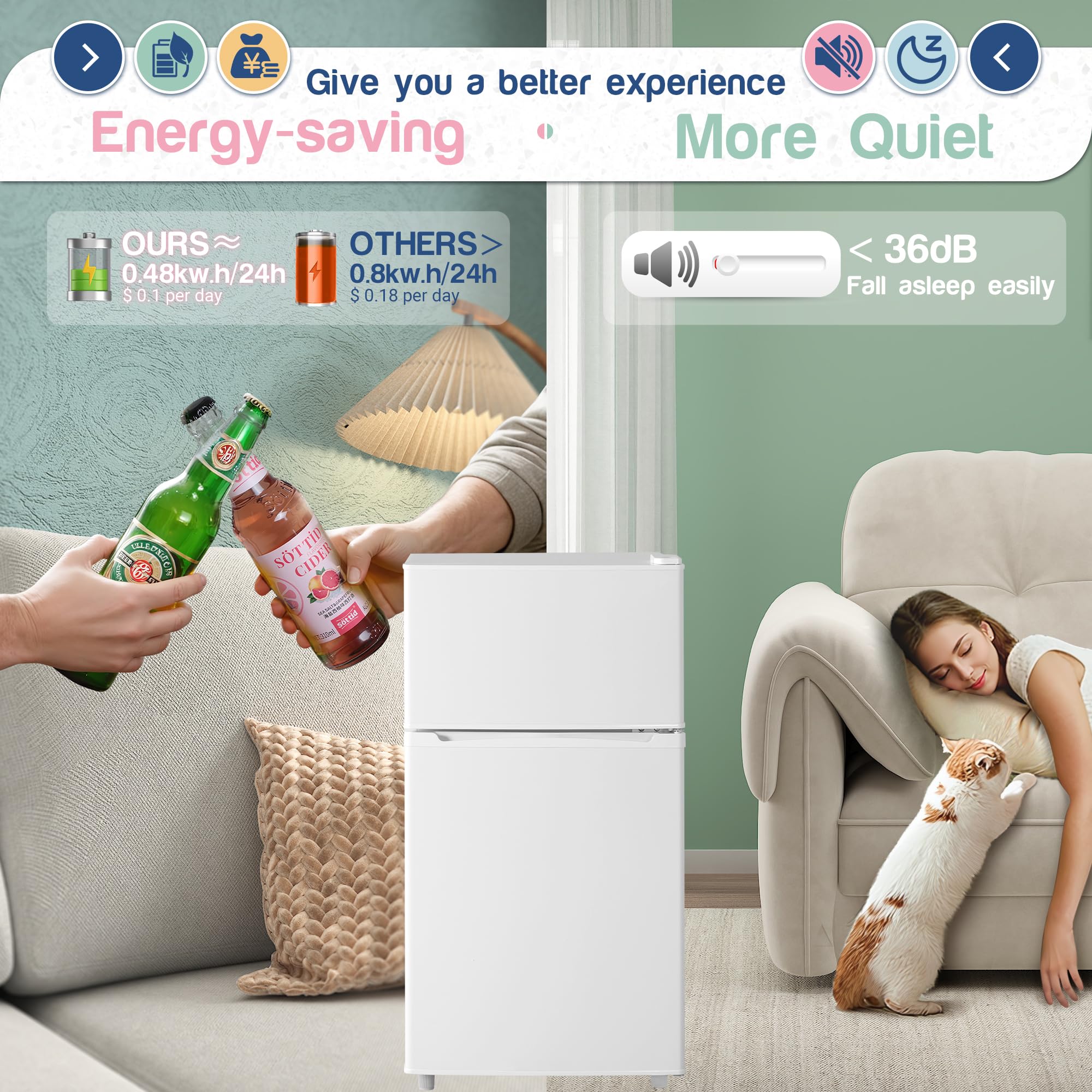 Double Door Refrigerator With Freezer, 3.5 Cu.Ft, Small Fridge With Freezer, 7 Settings Temperature Adjustable, Mini Refrigerator For Apartment Bedroom Dorm And Office (3.5 Cu.Ft, White) on Fridge.com - View 4