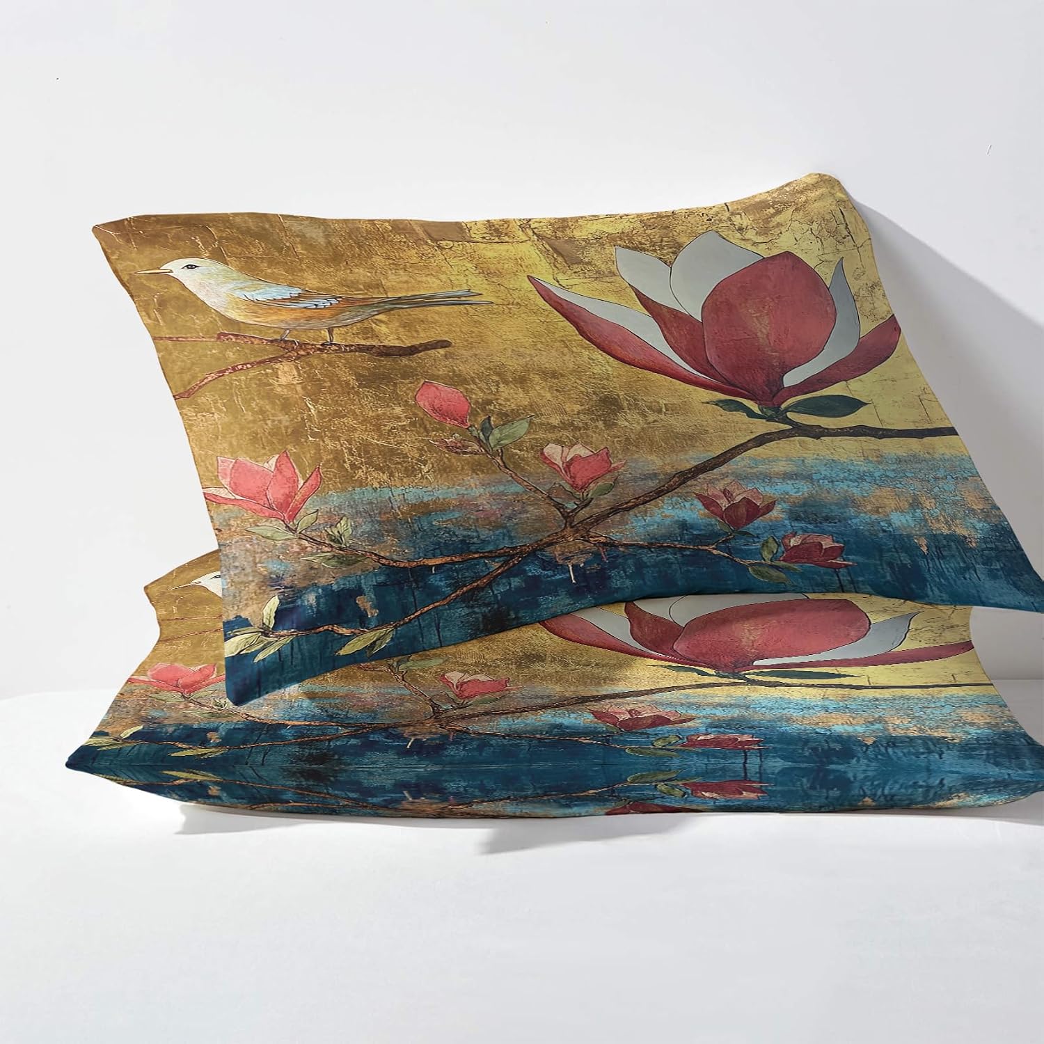 Flower Bird Pillow Cases Queen Size Set of 2, Floral Pillowcase & Home Decor, Spring Pillow Covers 20x30, Pillow Shams with Zipper, Soft Breathable