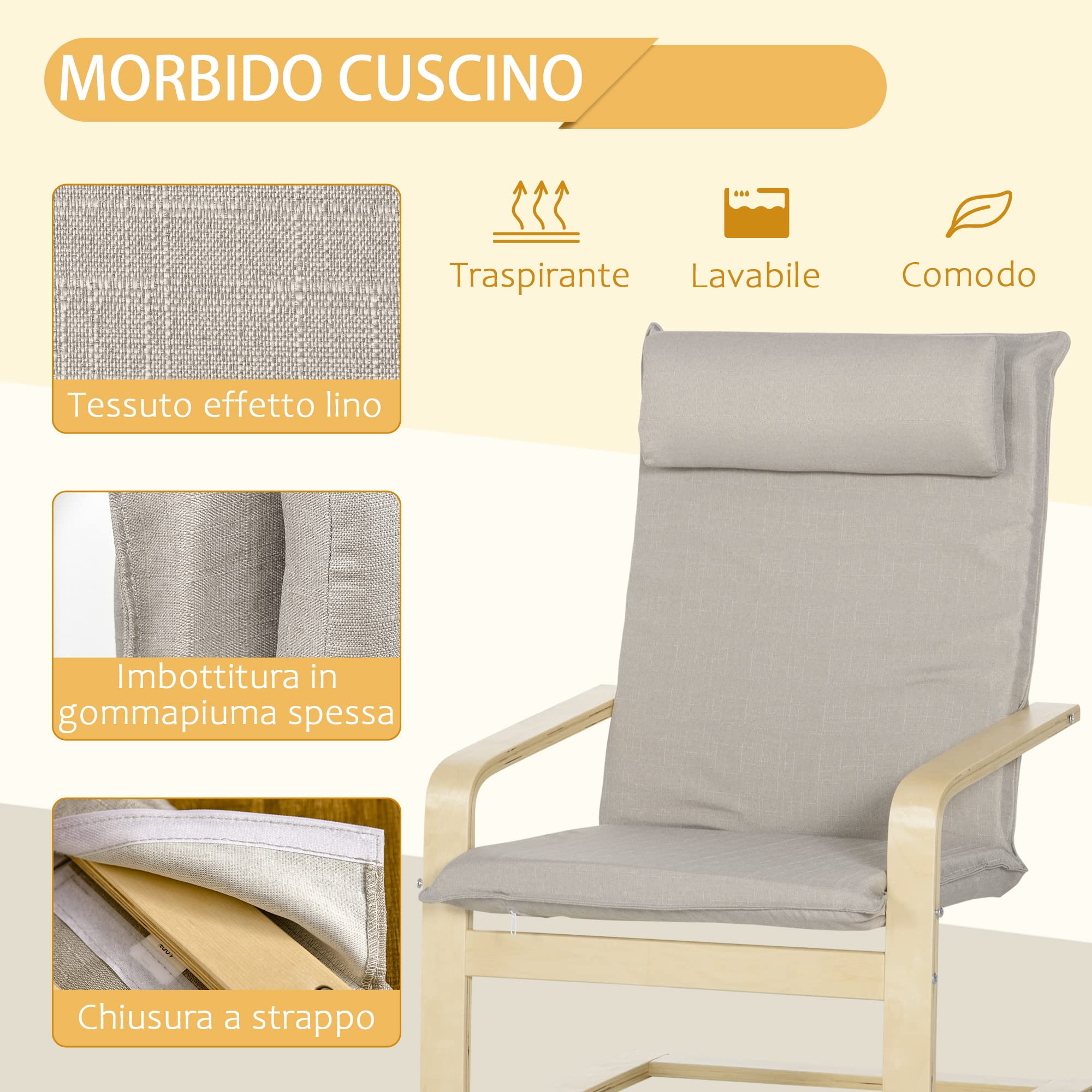 HOMCOM Poltrona Relax in Legno con Pouf Poggiapiedi e Cuscino Poggiatesta, Poltrona in Legno e Tessuto Effetto Lino, 67x78x92cm, Grigio