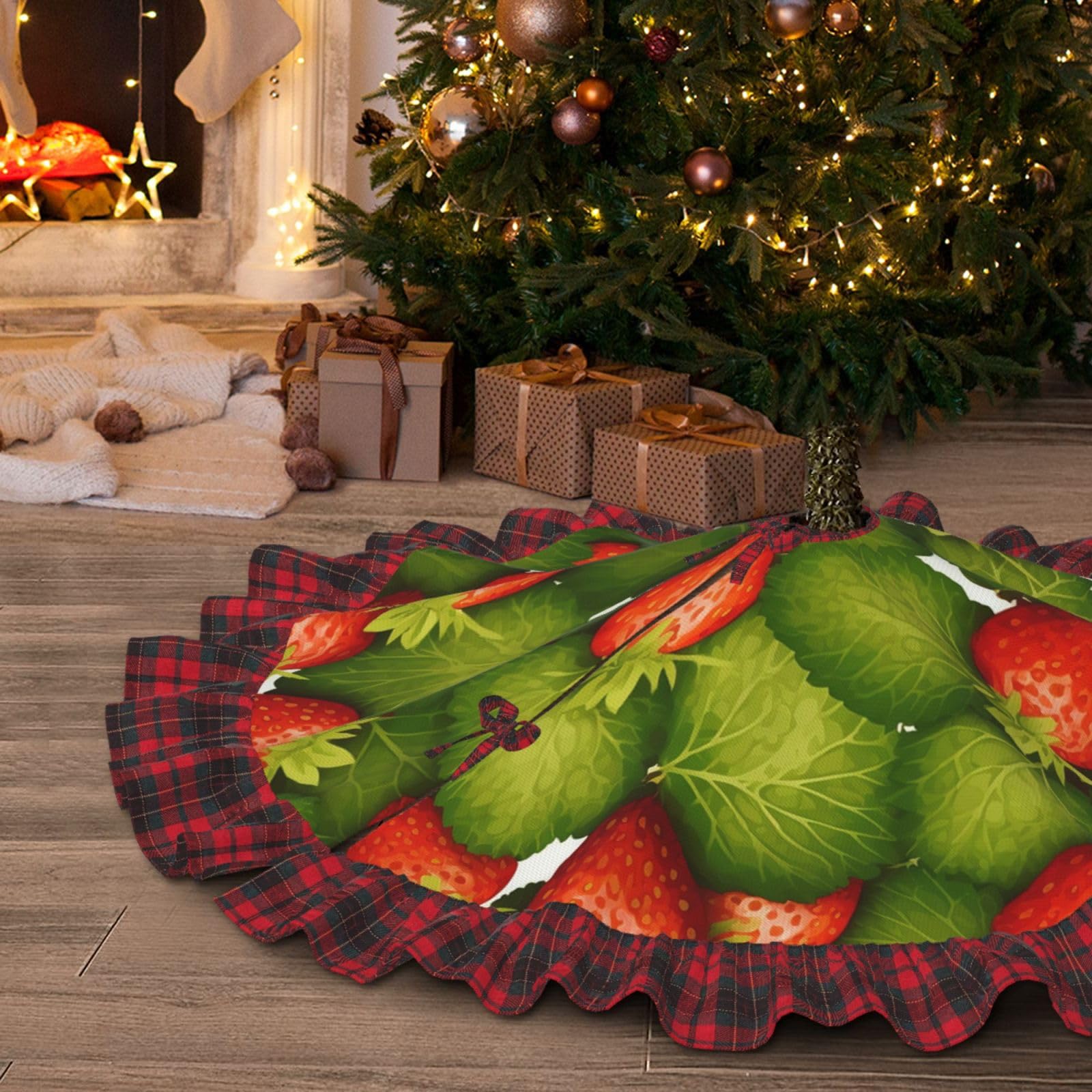 Jupe de sapin de Noël 91,4 cm imprimé feuilles de fraisier pour déco intérieure et extérieure