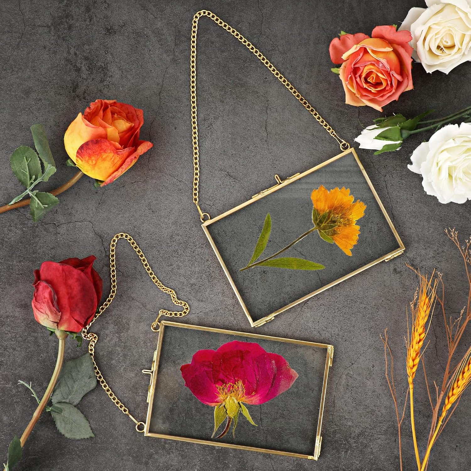 JUXYES 4 Pack Wall Hanging Brass Pictures Frame for Pressed Flowers, Golden Glass Hanging Picture Artwork Display Frame, Double Glass Floating Frame Style for Photo Picture Poster etc, 4X6 Inches