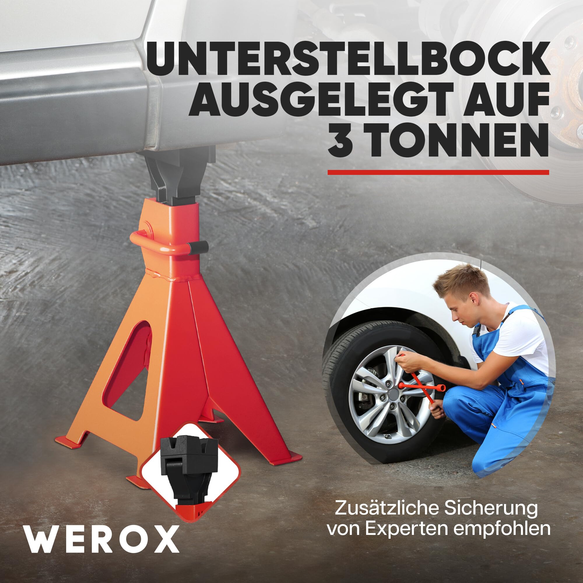 Unterstellbock 3T – Höhenverstellbar, mit Sicherungssperre, robuste Stahlkonstruktion, Gummiauflage für Karosserieschutz – Perfekt für Auto, SUV, Wohnmobil – Tragkraft bis 3 Tonnen