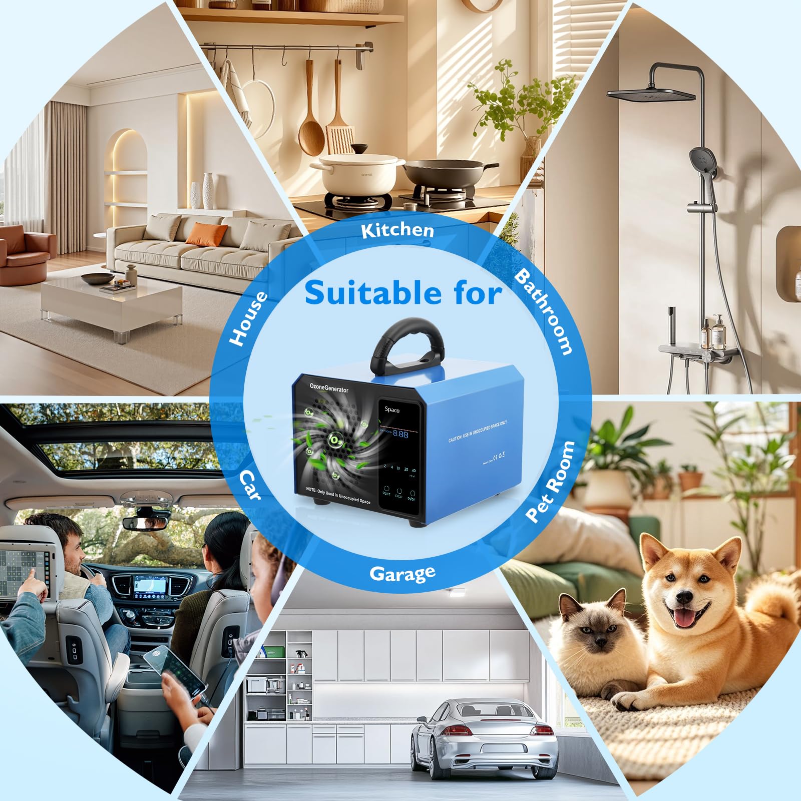 Generatore di Ozono 60000 mg/h, Smart Digital Purificatore d'Aria con Timer 120 Min, Potente & Silenzioso, Senza Manutenzione, Contro Fumo, Odori di Cantina & Cucina, Ideale per Appartamento