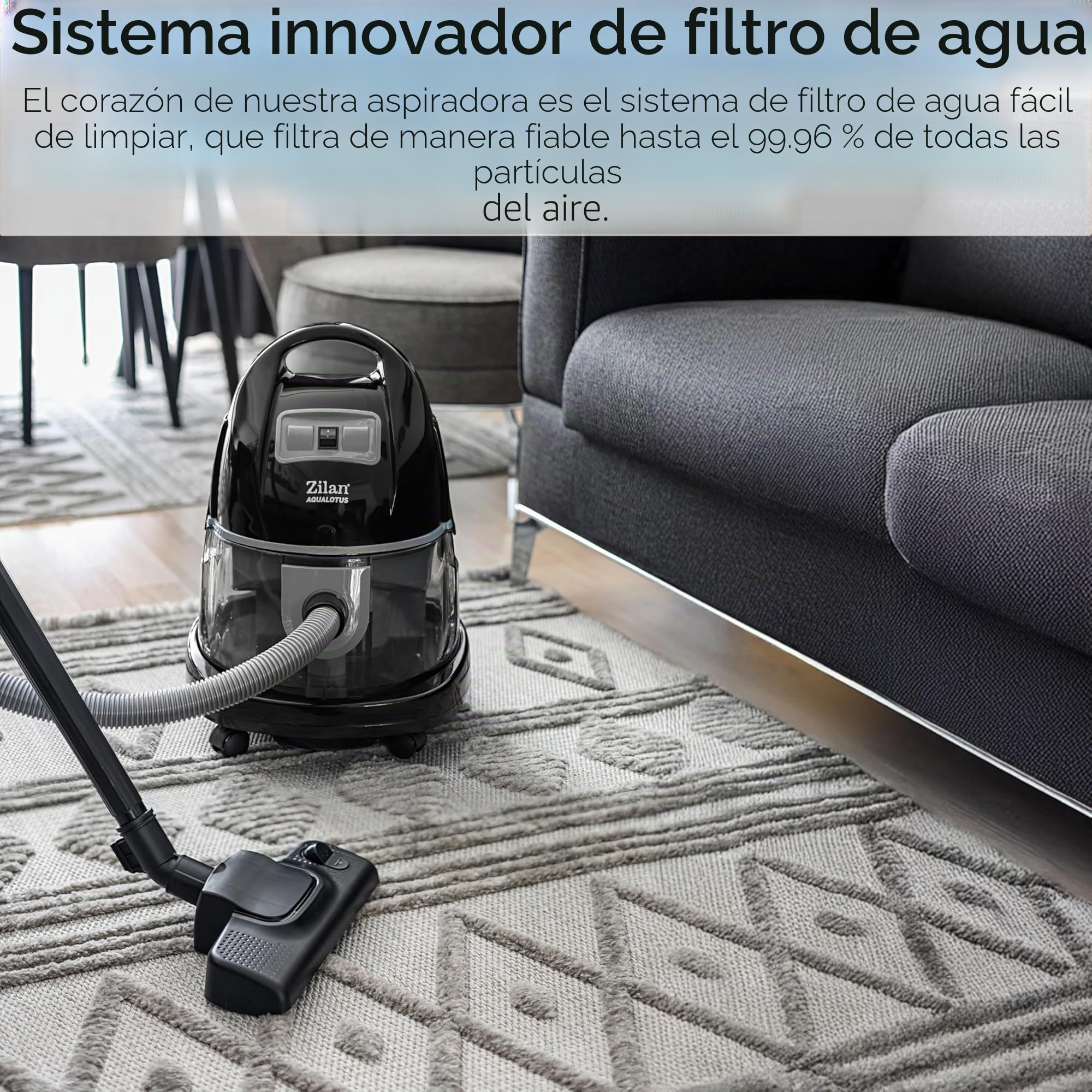 Zilan - Aspirador con filtro de agua sin bolsa H20, potencia de succión 2000 W, aspiradora sin bolsa, manguera de 360°, apta para alérgicos, apto para suelos y alfombras