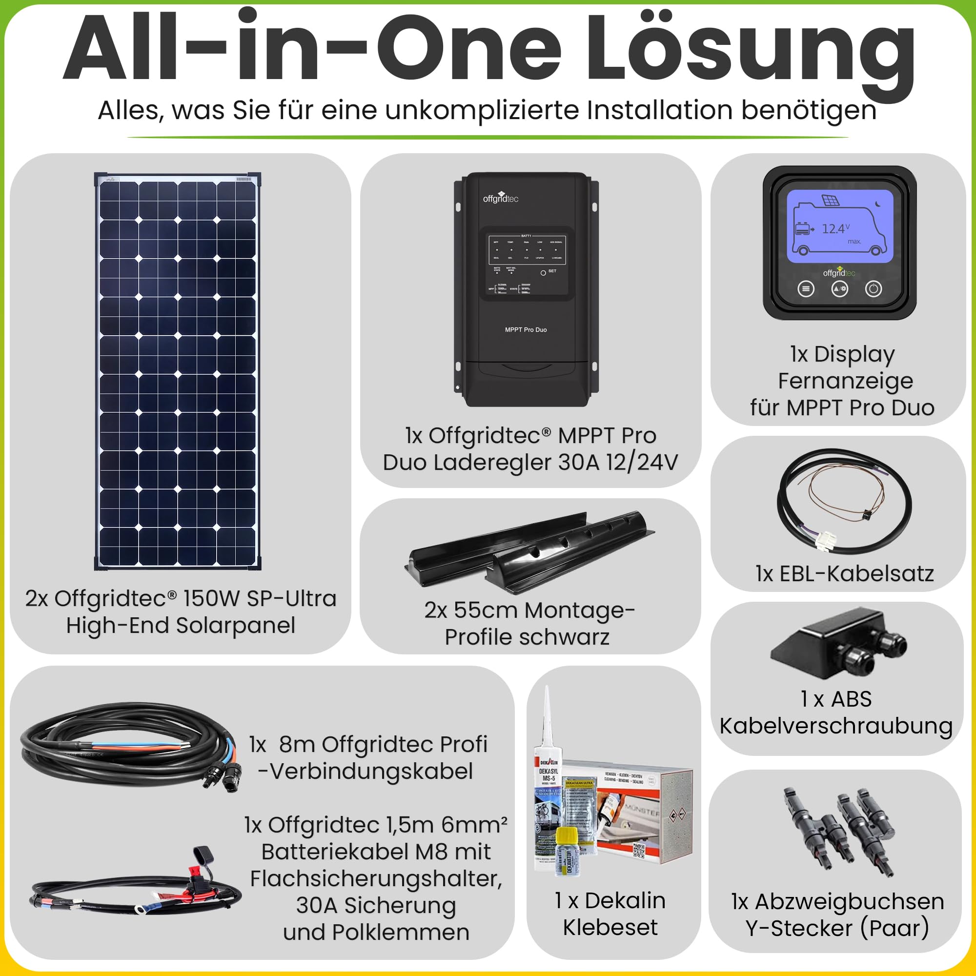 Offgridtec© 300W MPPT 12V Wohnmobil Komplettset EBL-Option mit Hochleistungspanels MPPT Regler und Installationsmaterial