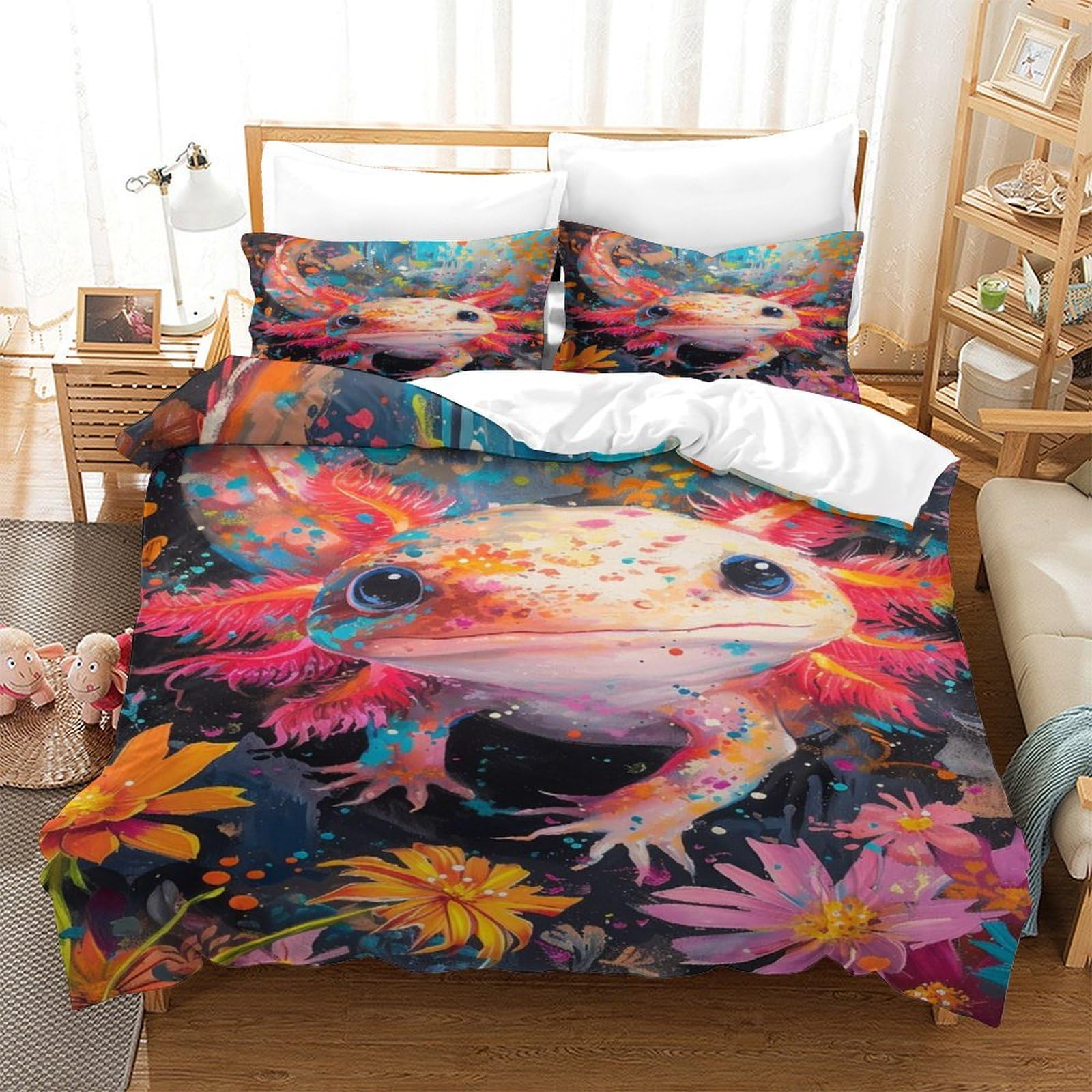 P1S9U7W5Y Vivid Frog Floral 3D Printed Microfiber 3 Pieces Duvet Cover Set for Adults Bedroom Decor Animal Flower Bedding Set Super king（260x220cm）