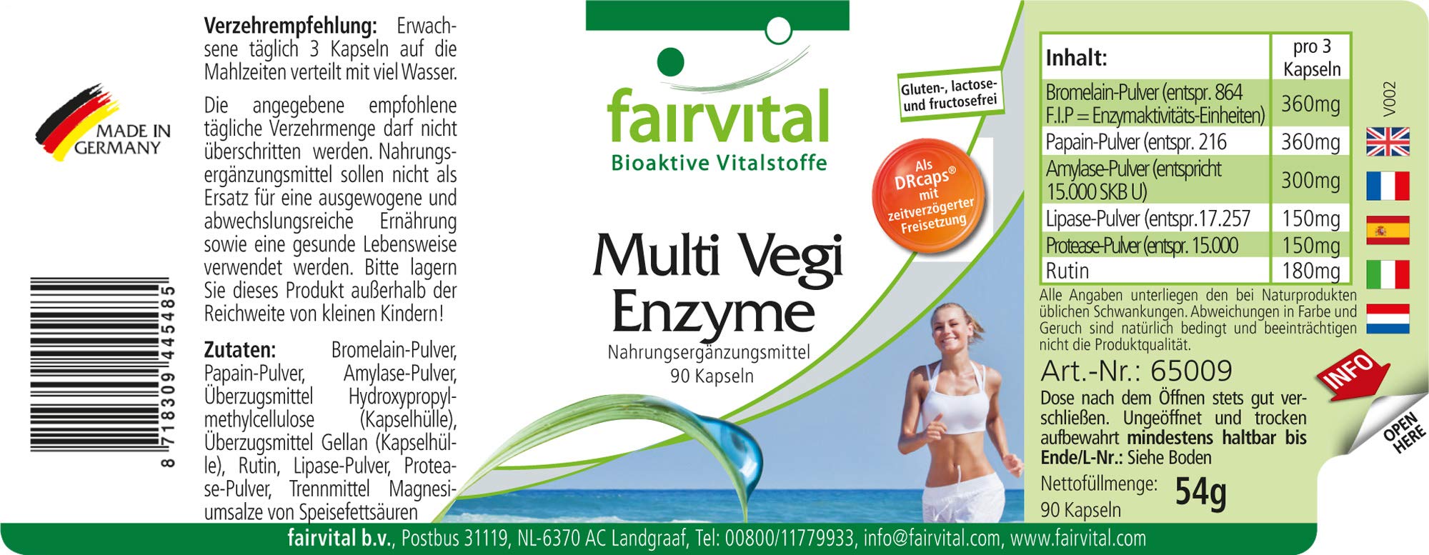 fairvital Multi Vegi Enzyme, 90 capsule, complesso enzimatico 100% vegetale con bromelina + papaina + amilasi + lipasi + lipasi + proteasi + rutina, a rilascio ritardato