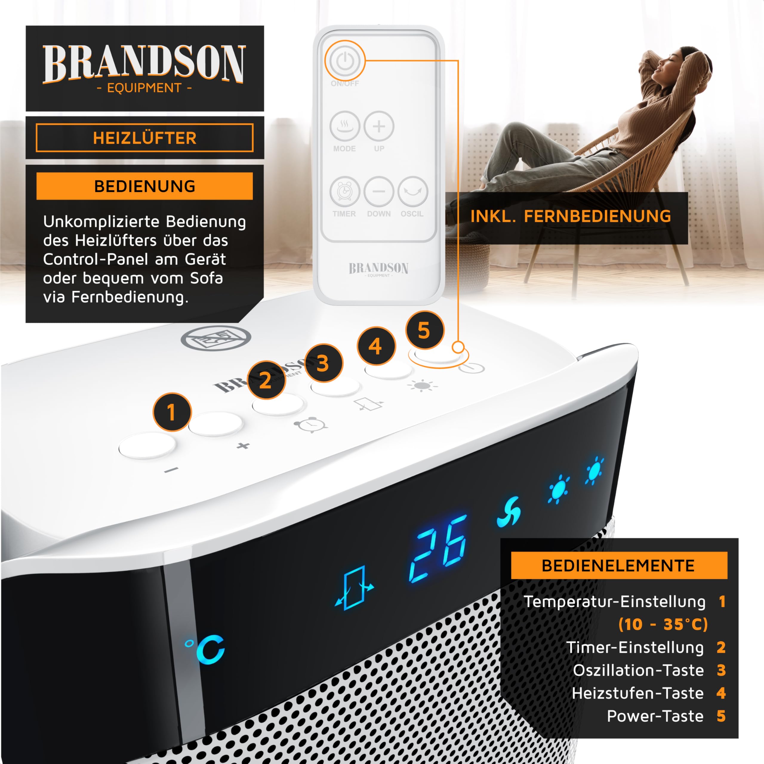 Brandson Heizlüfter 2000 Watt mit Fernbedienung Oszillationsfunktion leise