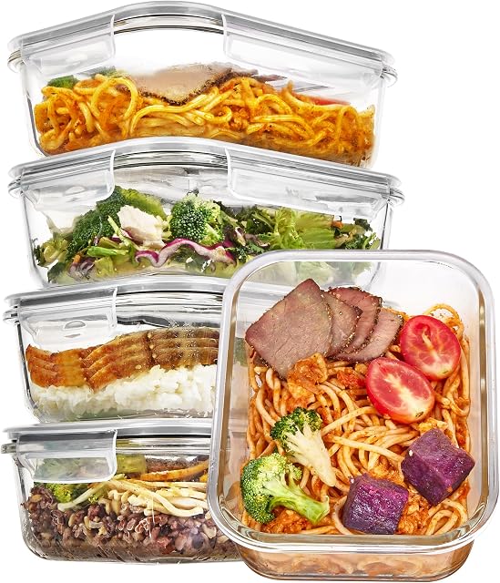 Vtopmart paquet de 5 36oz Conteneurs en verre pour aliments avec lids, contenants de préparation des repas, contenant de déjeuner hermétiques Boîtes à Bento avec snap Locking Lids pour micro-ondes, four, congélateur et lave-vaisselle
