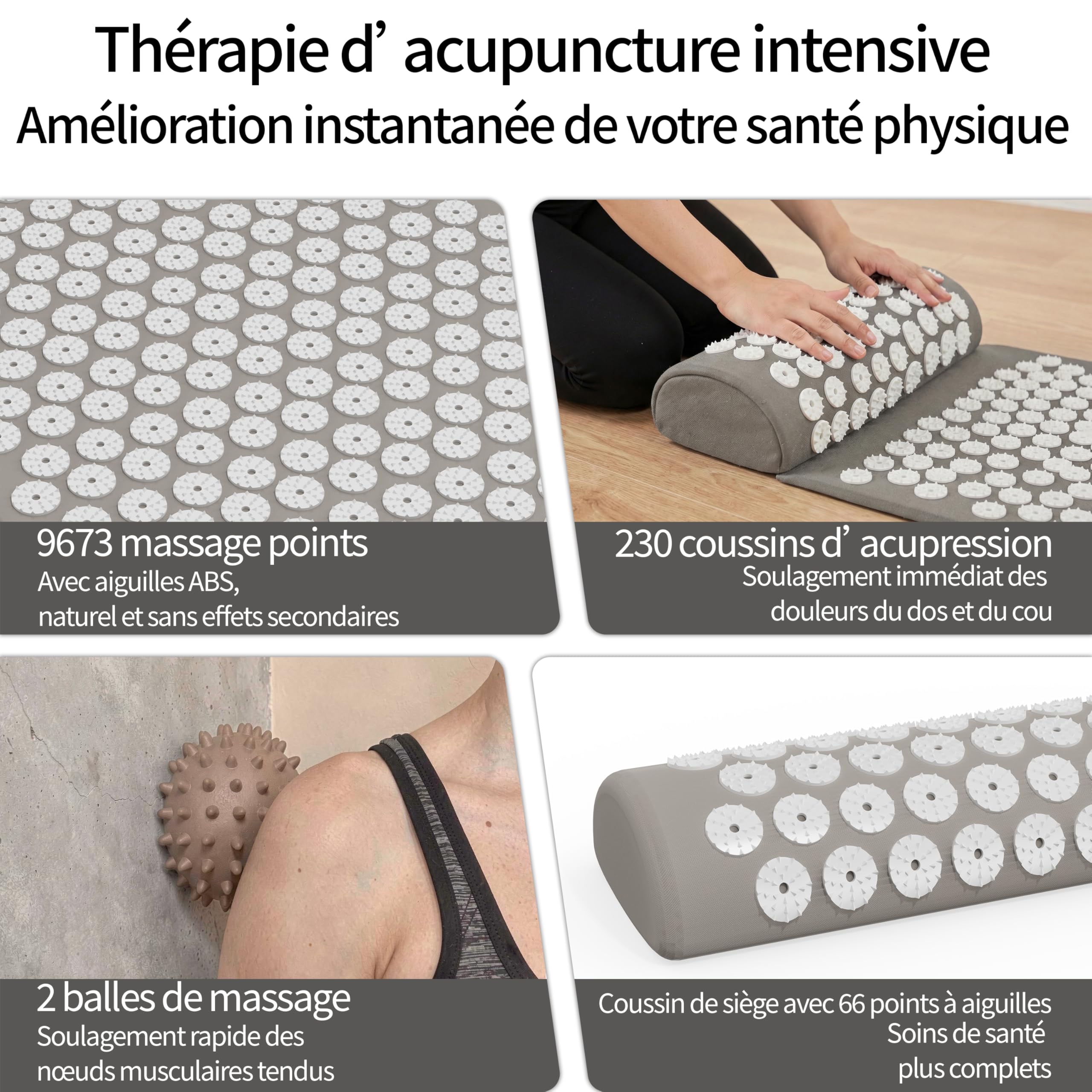 Kit d'acupression, Tapis d'Acupression + Coussin + Boule de Massage, Mal De Dos - Relaxation et Traitement de la Douleur, Soulage douleurs Dos et Cou (Gris)