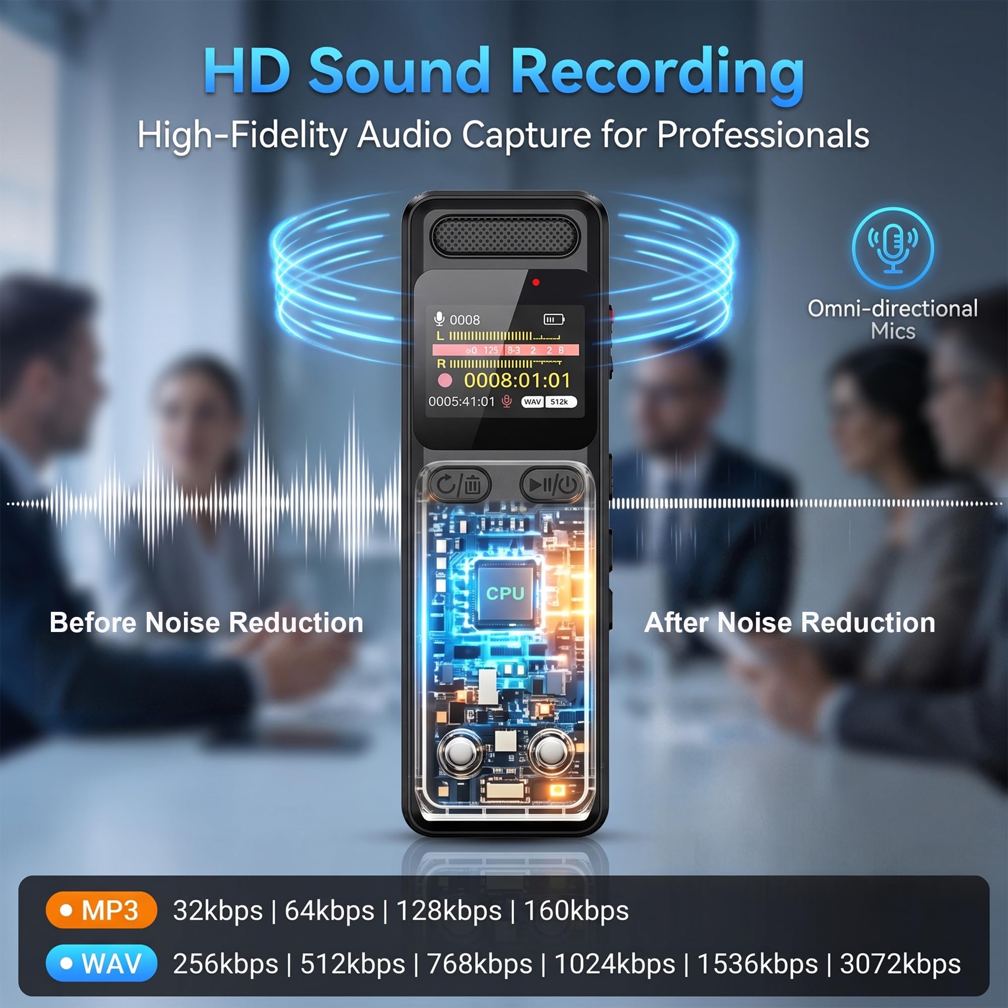 Enregistreur Vocal Numérique,Enregistrement HD (3072kbps) Réduction du Bruit Dictaphone Facile à Utiliser, Lecteur MP3 avec Verrouillage et Charge Type-C pour Conférences Entretiens Réunions (64GB)